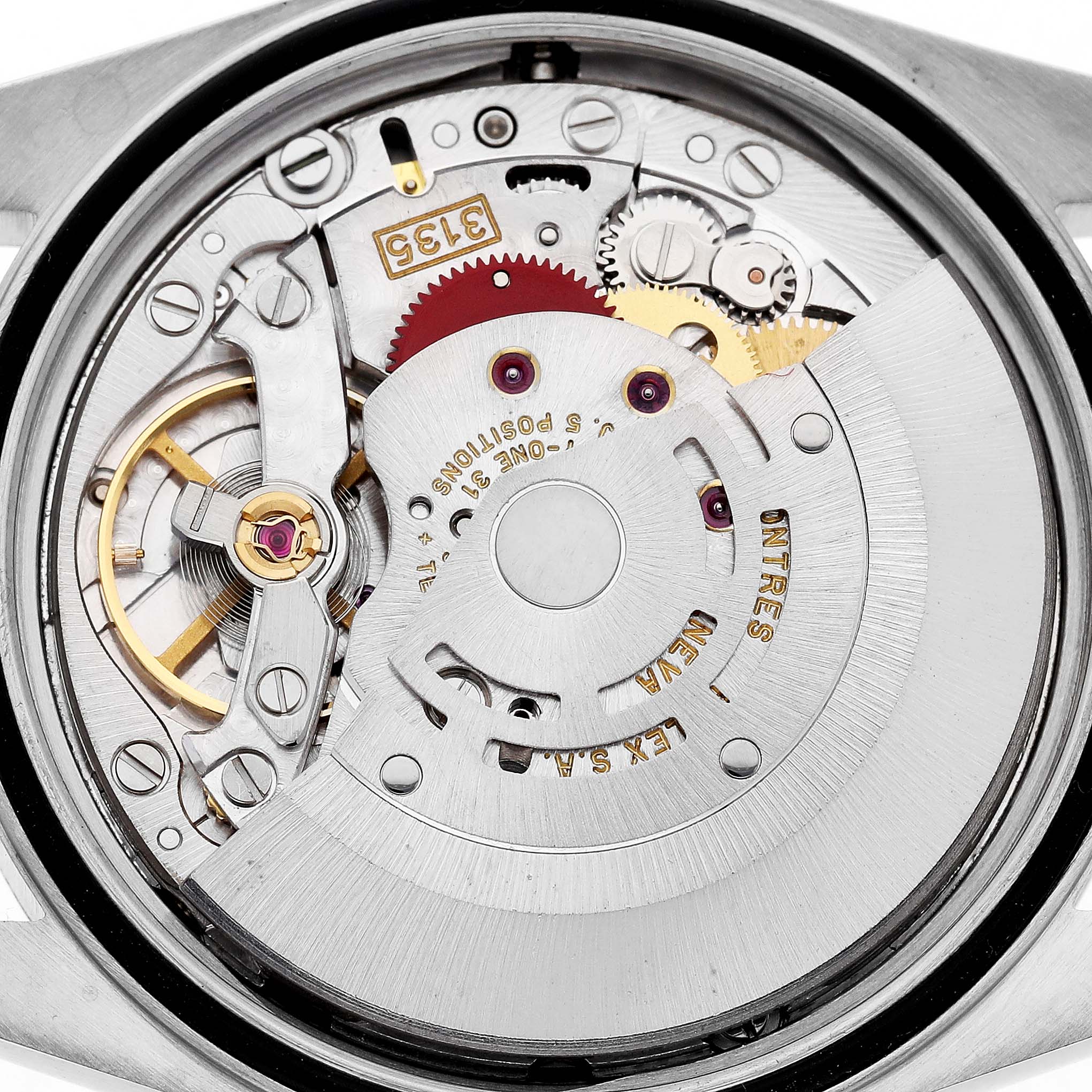 The image shows the Rolex Datejust 16233 Men's Steel and Gold (two tone) Black Dial movement from the back, featuring gears, rotor, and balance wheel components.