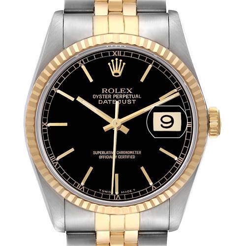 The image shows a front view of the Rolex Datejust 16233 Men's Steel and Gold (two tone) Black Dial watch, highlighting the black dial, gold markers, and date magnification.