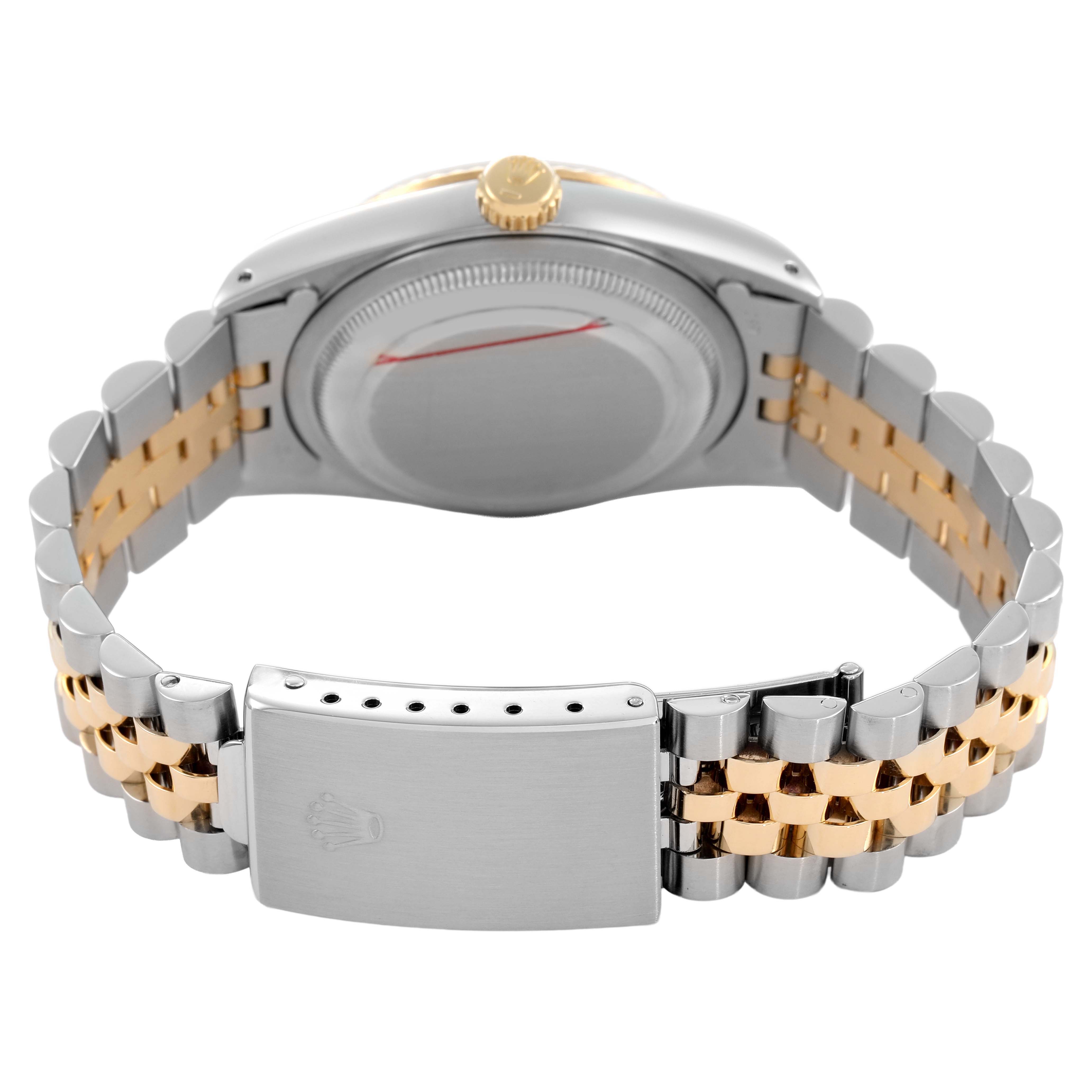 The Rolex Datejust 16233 Men's Steel and Gold (two tone) Black Dial is shown from the back, displaying the case back, crown, and two-tone Jubilee bracelet with the clasp.