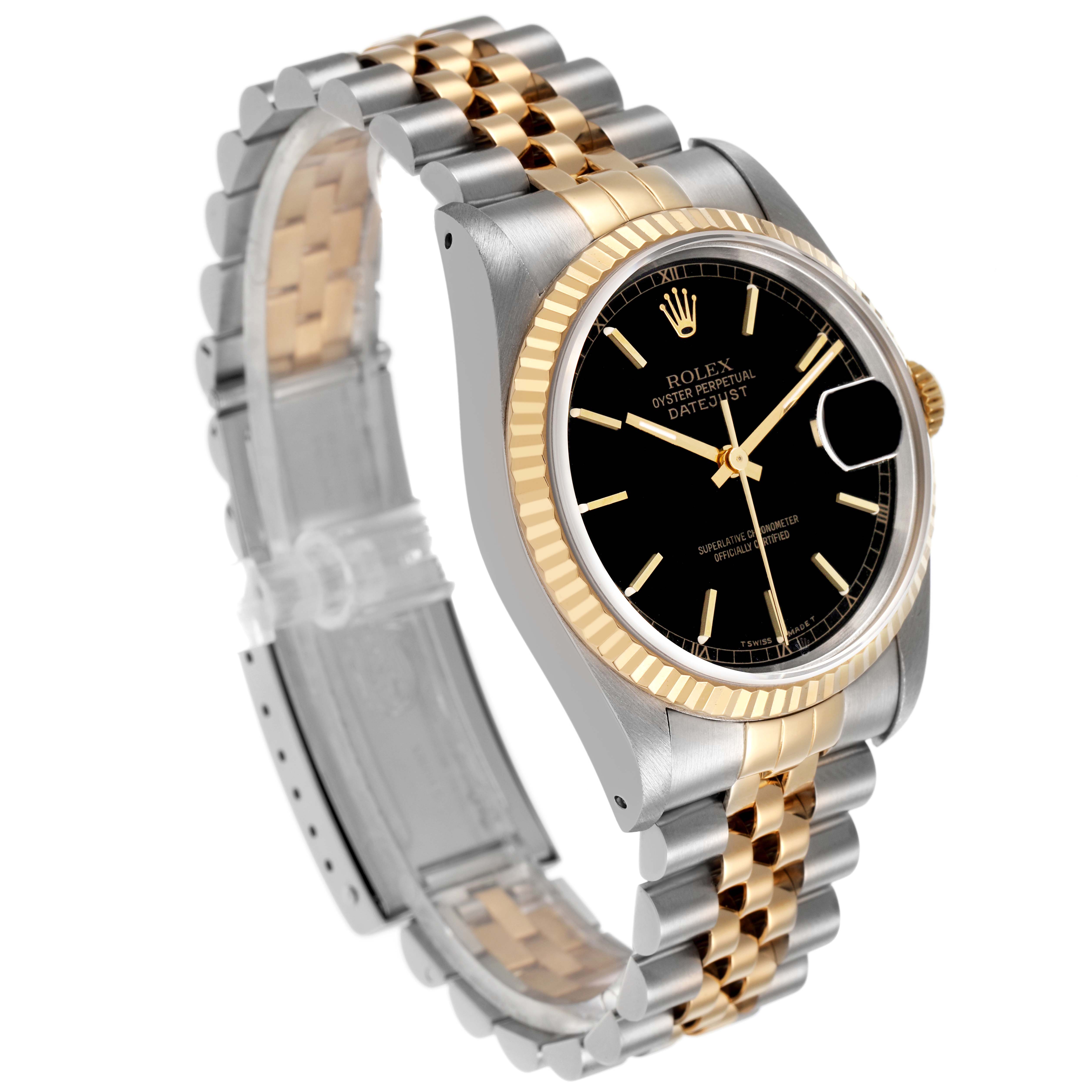The Rolex Datejust 16233 Men's Steel and Gold (two tone) Black Dial watch is shown at a three-quarter angle, highlighting the black dial, fluted bezel, and two-tone Jubilee bracelet.