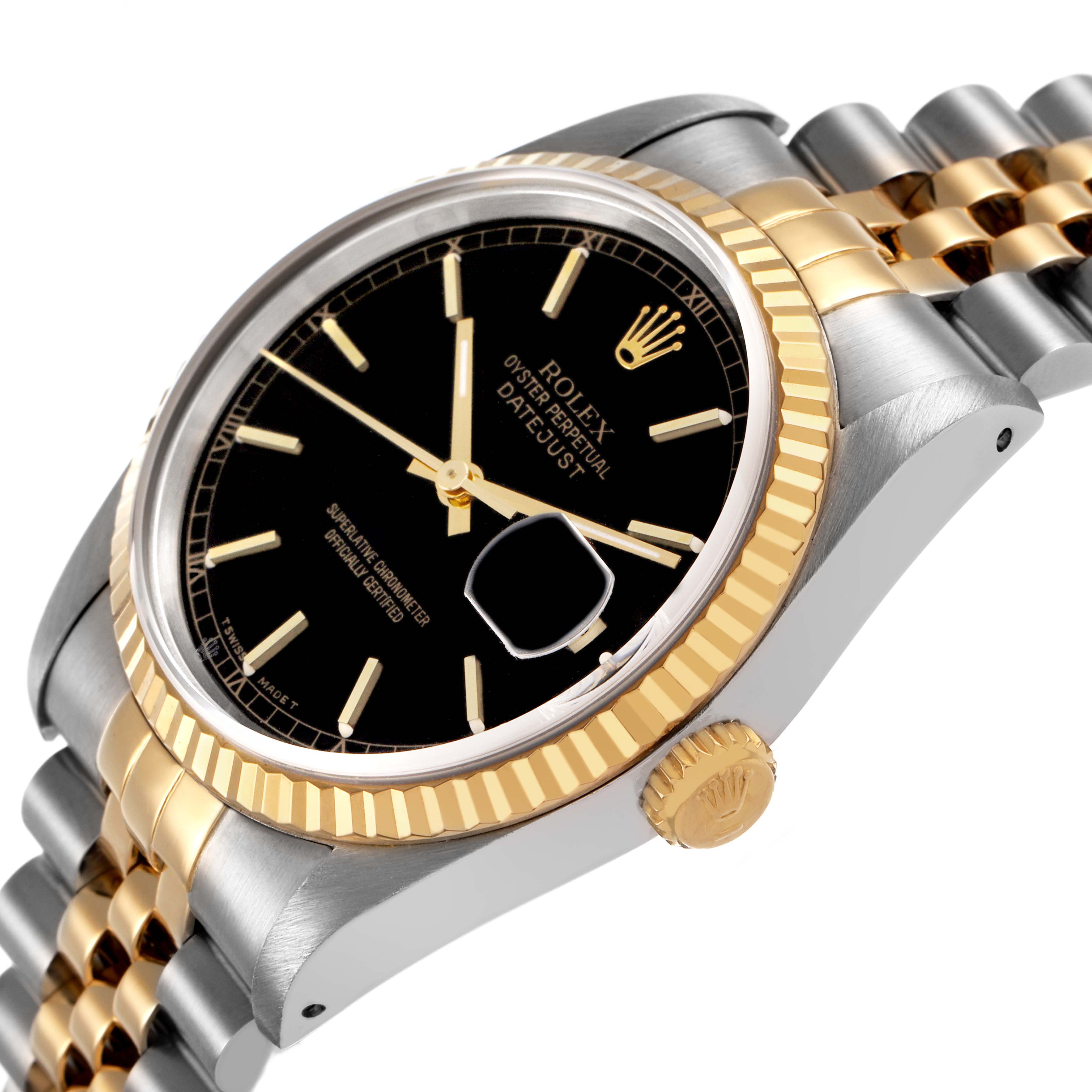 The Rolex Datejust 16233 Men's Steel and Gold (two tone) Black Dial watch is shown at a slight angle, highlighting the gold bezel, black dial, and two-tone bracelet.