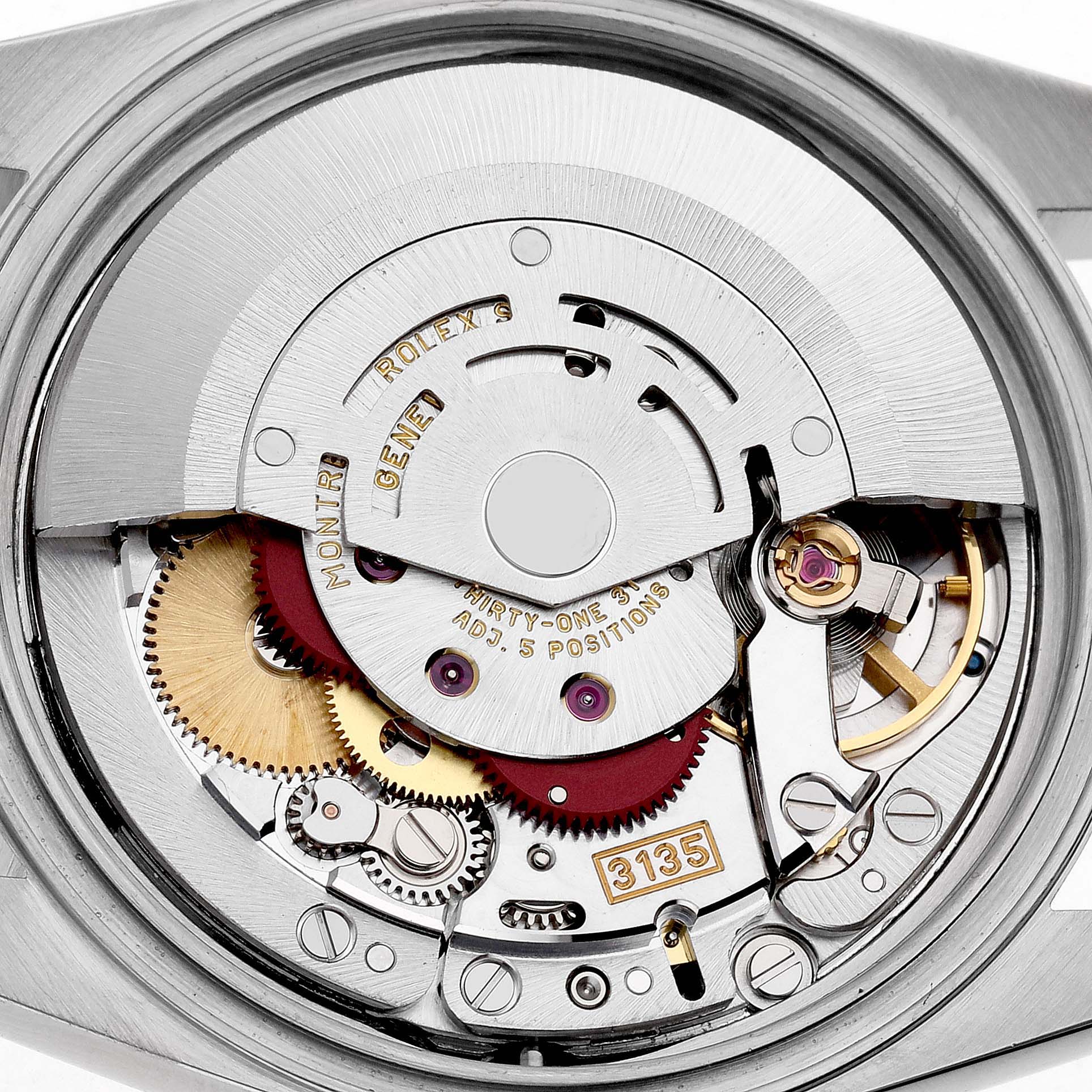 The image shows the movement of a Rolex Datejust 16233 Men's Steel and Gold (two tone) Champagne Dial watch, featuring gears and the rotor from a rear view angle.