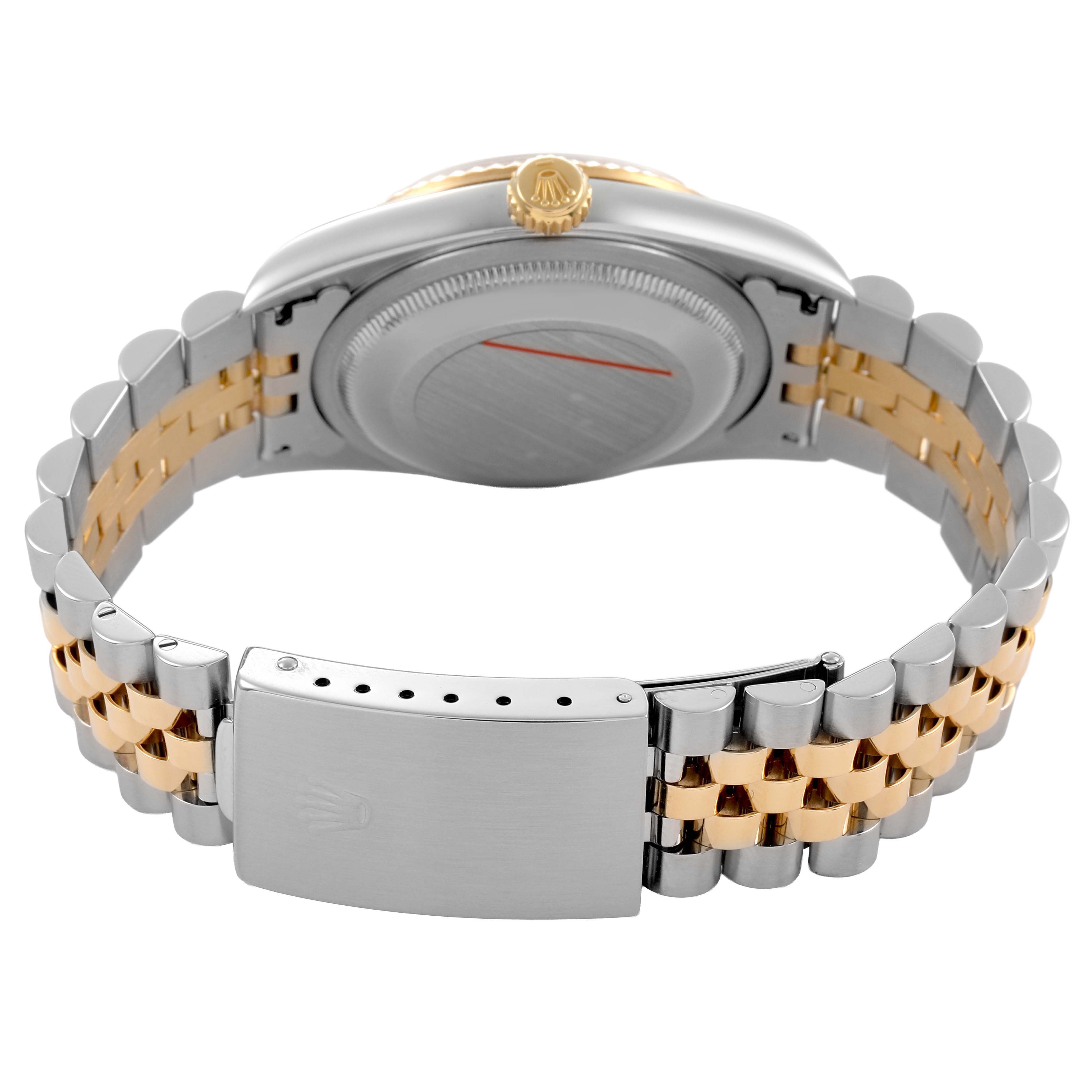 The image shows the back view of a Rolex Datejust 16233 Men's Steel and Gold (two tone) Champagne Dial watch, highlighting the case back, crown, and two-tone Jubilee bracelet with clasp.