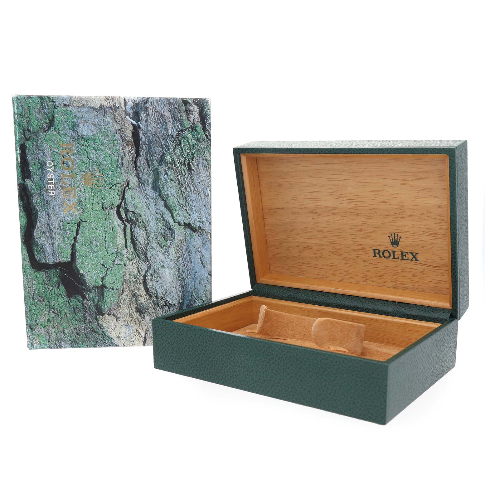 The image shows a Rolex Datejust 16233 Men's Steel and Gold (two tone) Champagne Dial box set, including an open green watch box and an outer sleeve with a textured pattern.