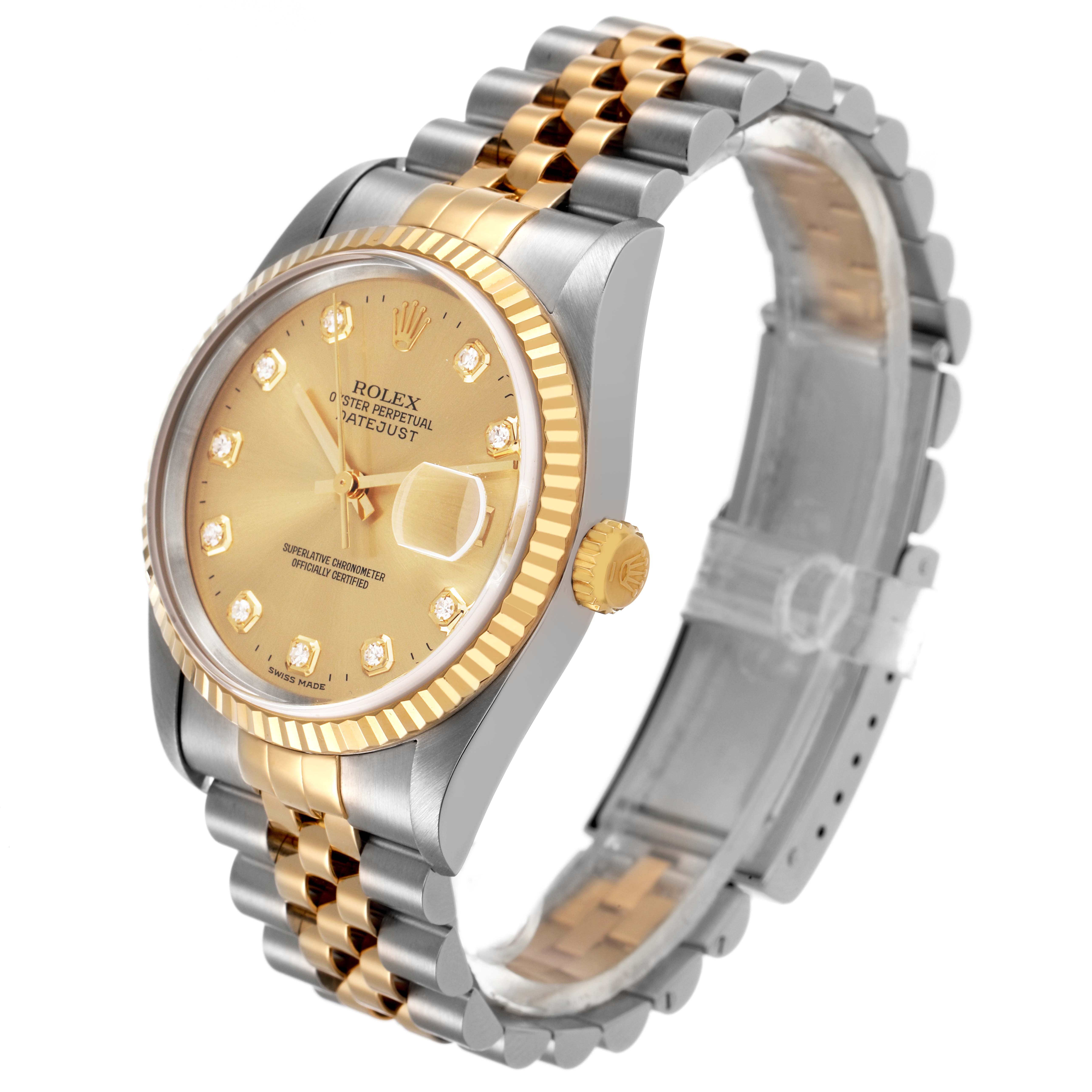 The Rolex Datejust 16233 Men's Steel and Gold (two tone) Champagne Dial watch is shown at a three-quarter angle displaying the face, bezel, crown, and part of the bracelet.