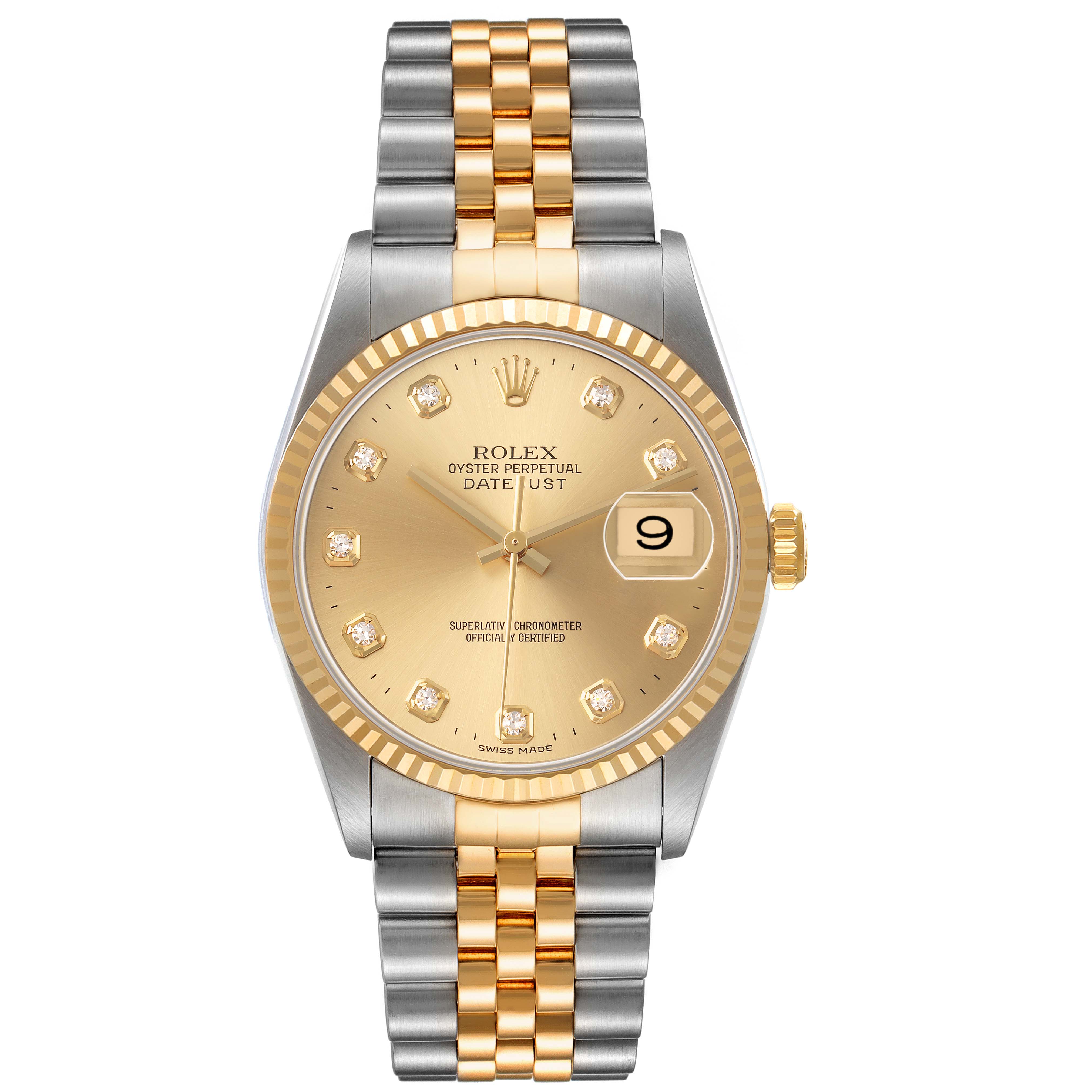 The Rolex Datejust 16233 Men's Steel and Gold (two tone) Champagne Dial watch is shown from a top view, displaying the gold dial, date window, and two-tone bracelet.