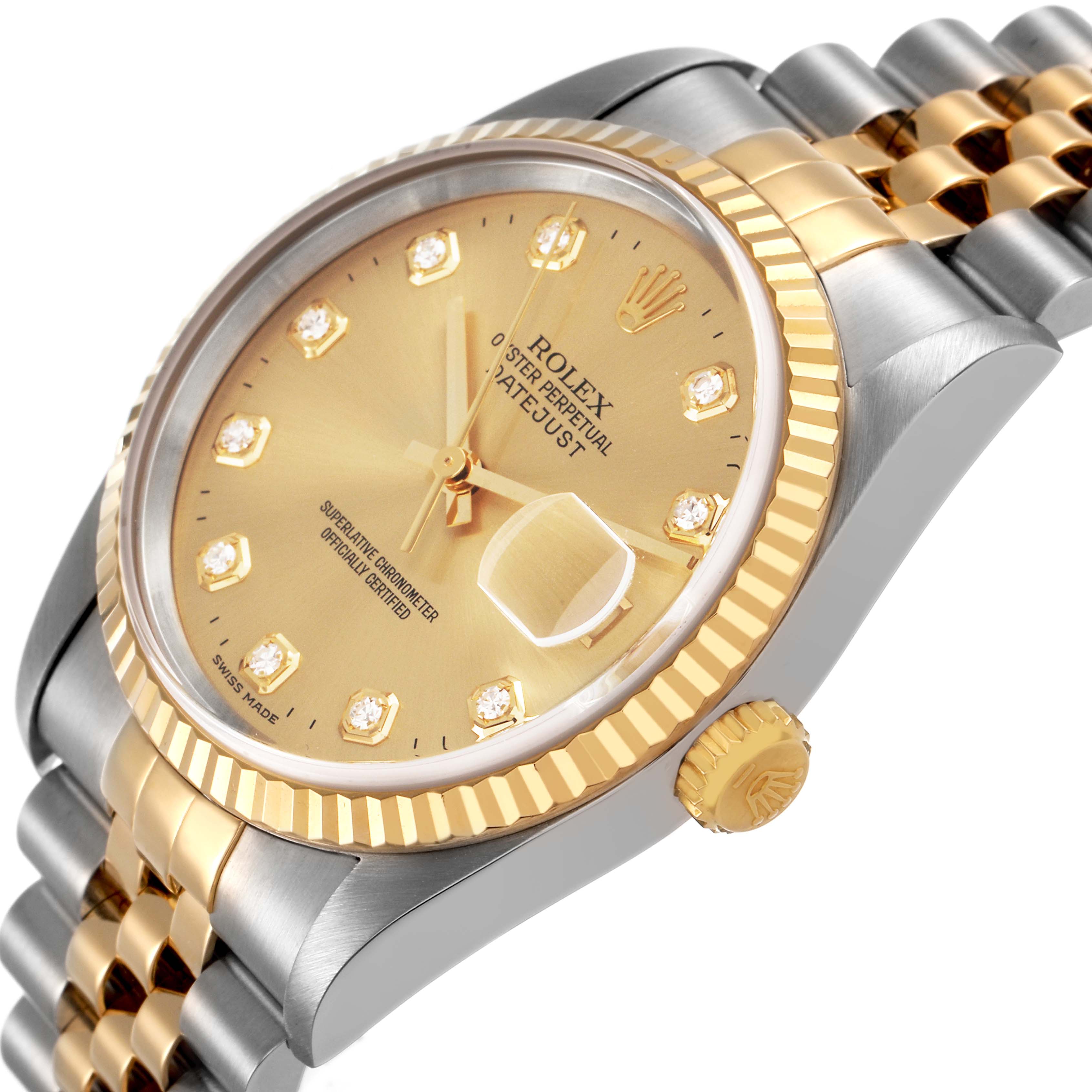 The Rolex Datejust 16233 Men's Steel and Gold (two tone) Champagne Dial is shown at an angle displaying the dial, bezel, and partial bracelet.