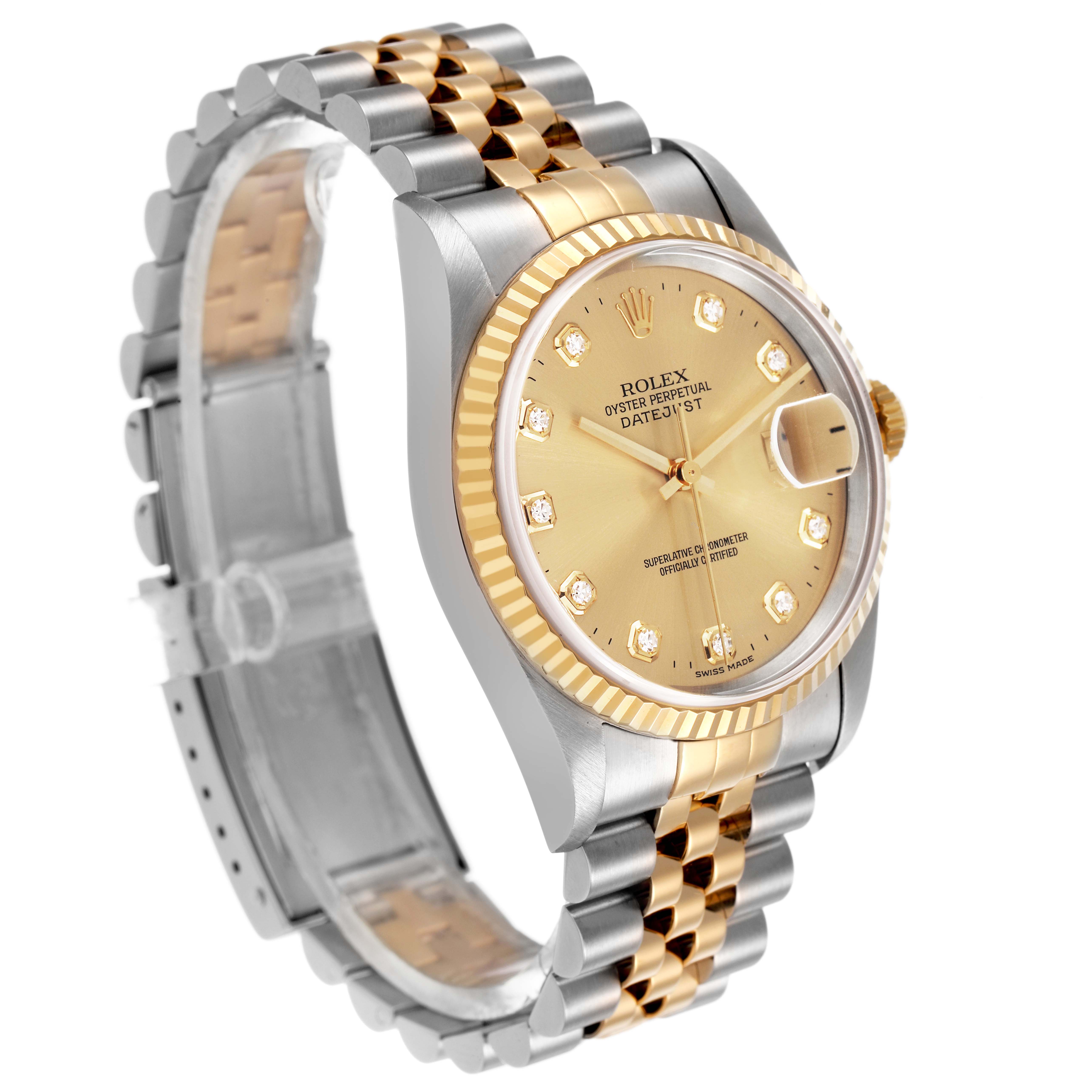 The Rolex Datejust 16233 Men's Steel and Gold (two tone) Champagne Dial watch is shown at an angled side view, highlighting the gold dial, fluted bezel, and two-tone bracelet.