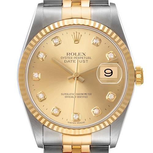 The Rolex Datejust 16233 Men's Steel and Gold (two tone) Champagne Dial watch is shown from the front, displaying the dial, hands, bezel, and part of the bracelet.