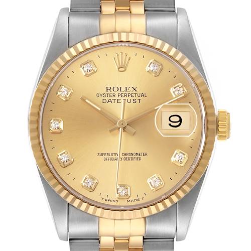 The Rolex Datejust 16233 Men's Steel and Gold (two tone) Champagne Dial watch is shown front-on, displaying the dial, bezel, crown, and part of the bracelet.