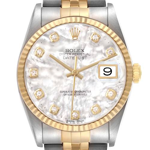 The image shows a frontal view of a Rolex Datejust 16233 Men's Steel and Gold (two tone) Mother of Pearl Dial, highlighting its face, bezel, crown, and part of the bracelet.