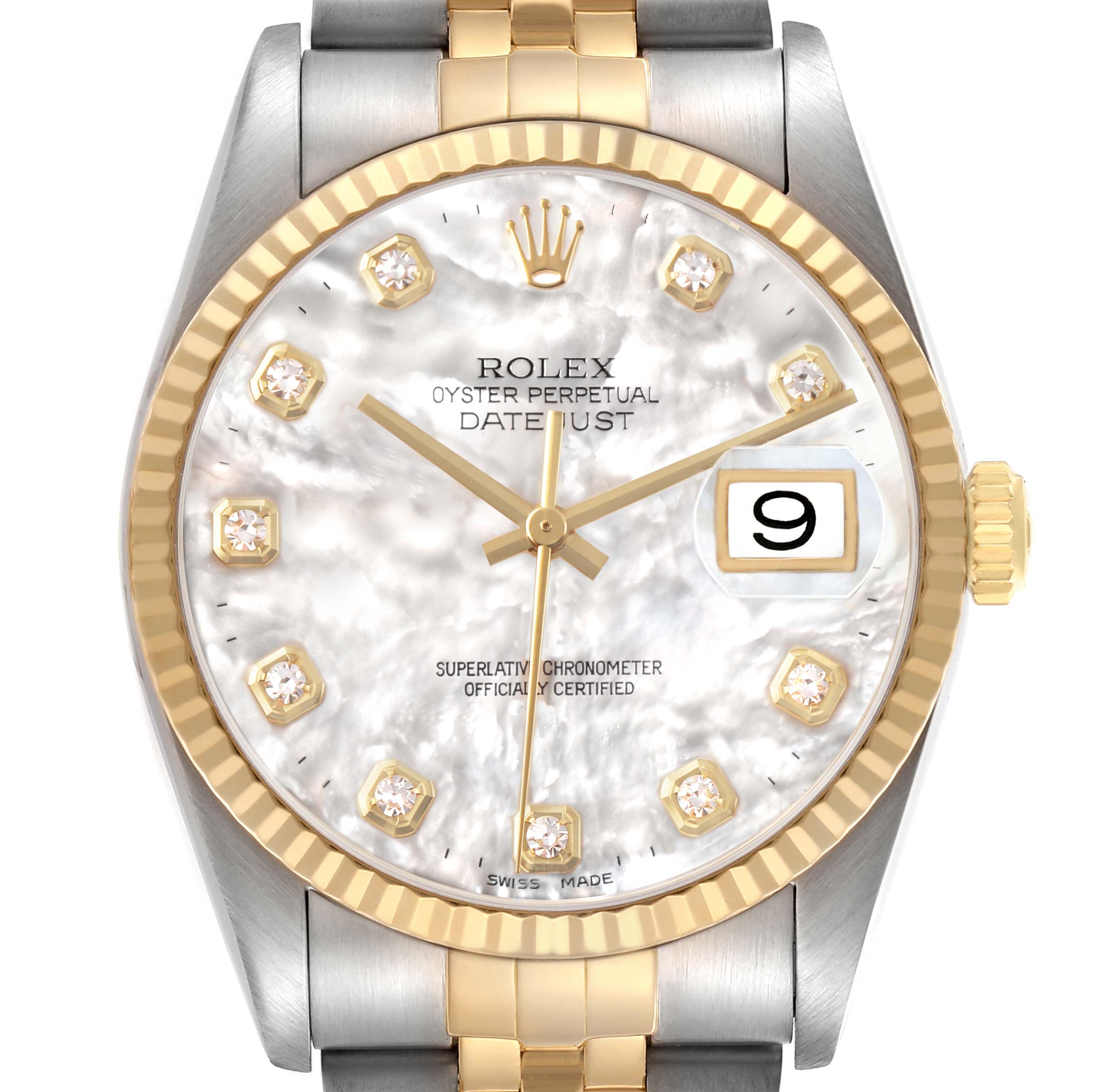 The Rolex Datejust 16233 Men's Steel and Gold (two tone) Mother of Pearl Dial watch is shown from the front, highlighting the dial, bezel, bracelet, and crown.