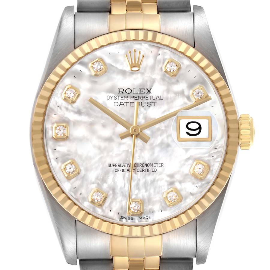 The Rolex Datejust 16233 Men's Steel and Gold (two tone) Mother of Pearl Dial watch is shown from the front, highlighting the dial, bezel, bracelet, and crown.