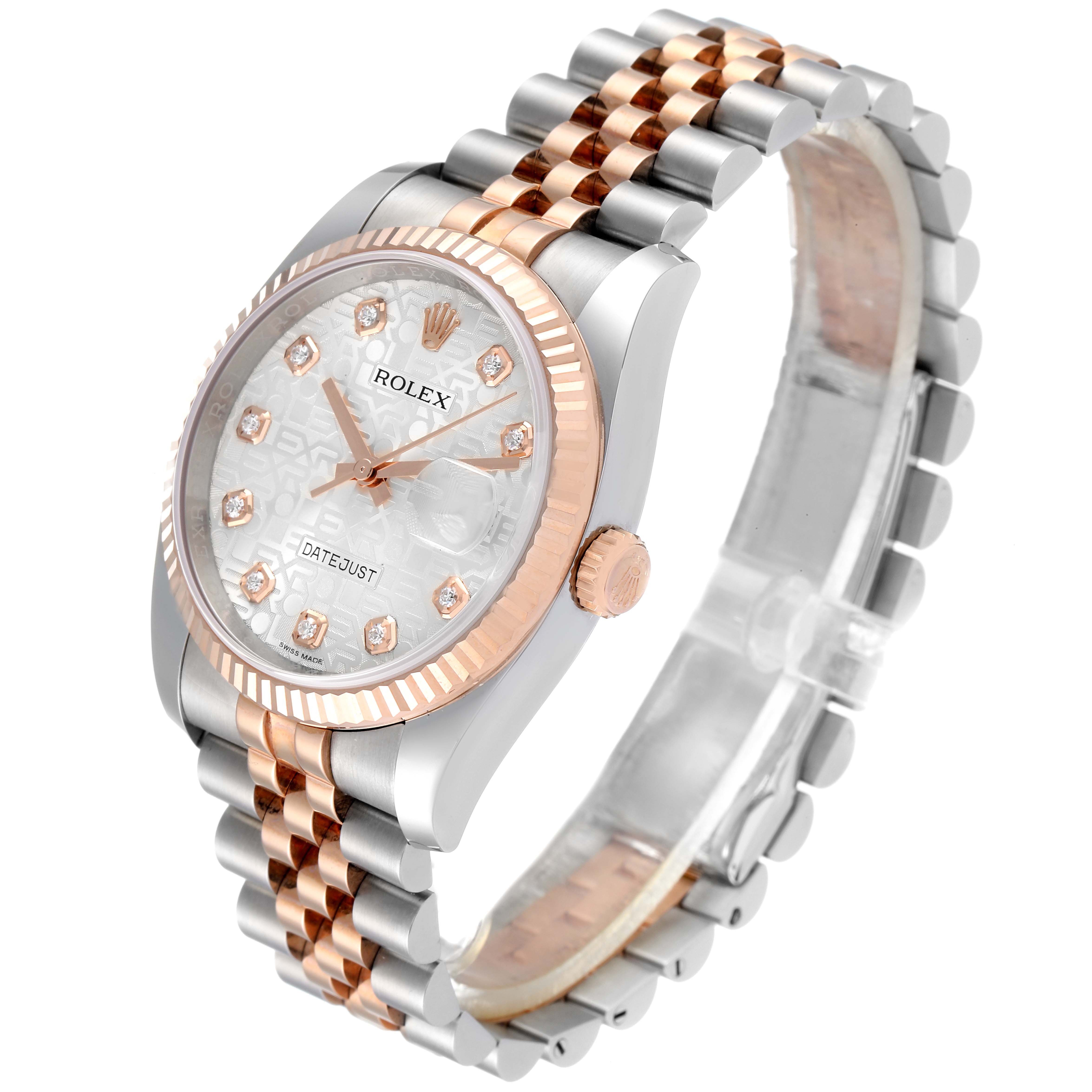 The Rolex Datejust 116231 Men's Steel and Gold (two tone) Silver Dial 116231 Men's Steel and Gold (two tone) Silver Dial watch is shown at an angled front view, highlighting its rose gold bezel and two-tone bracelet.