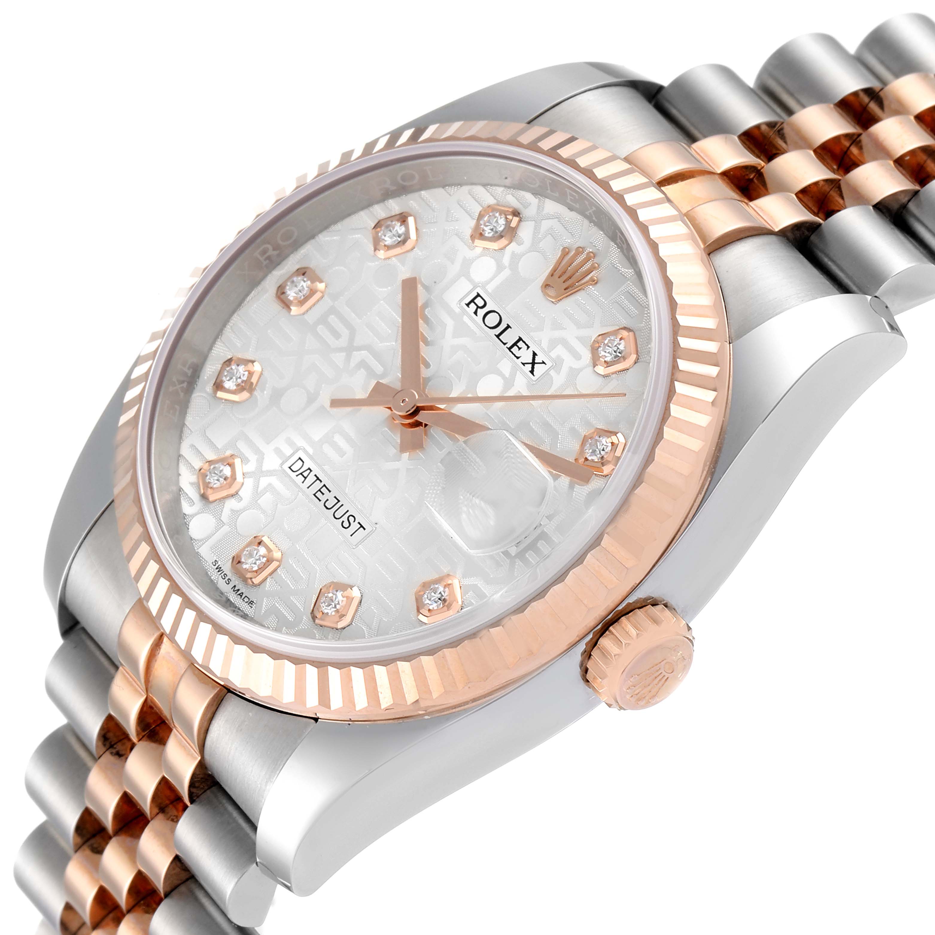 This image shows a close-up of the Rolex Datejust 116231 Men's Steel and Gold (two tone) Silver Dial 116231 Men's Steel and Gold (two tone) Silver Dial watch, highlighting the face, bezel, crown, and part of the bracelet.