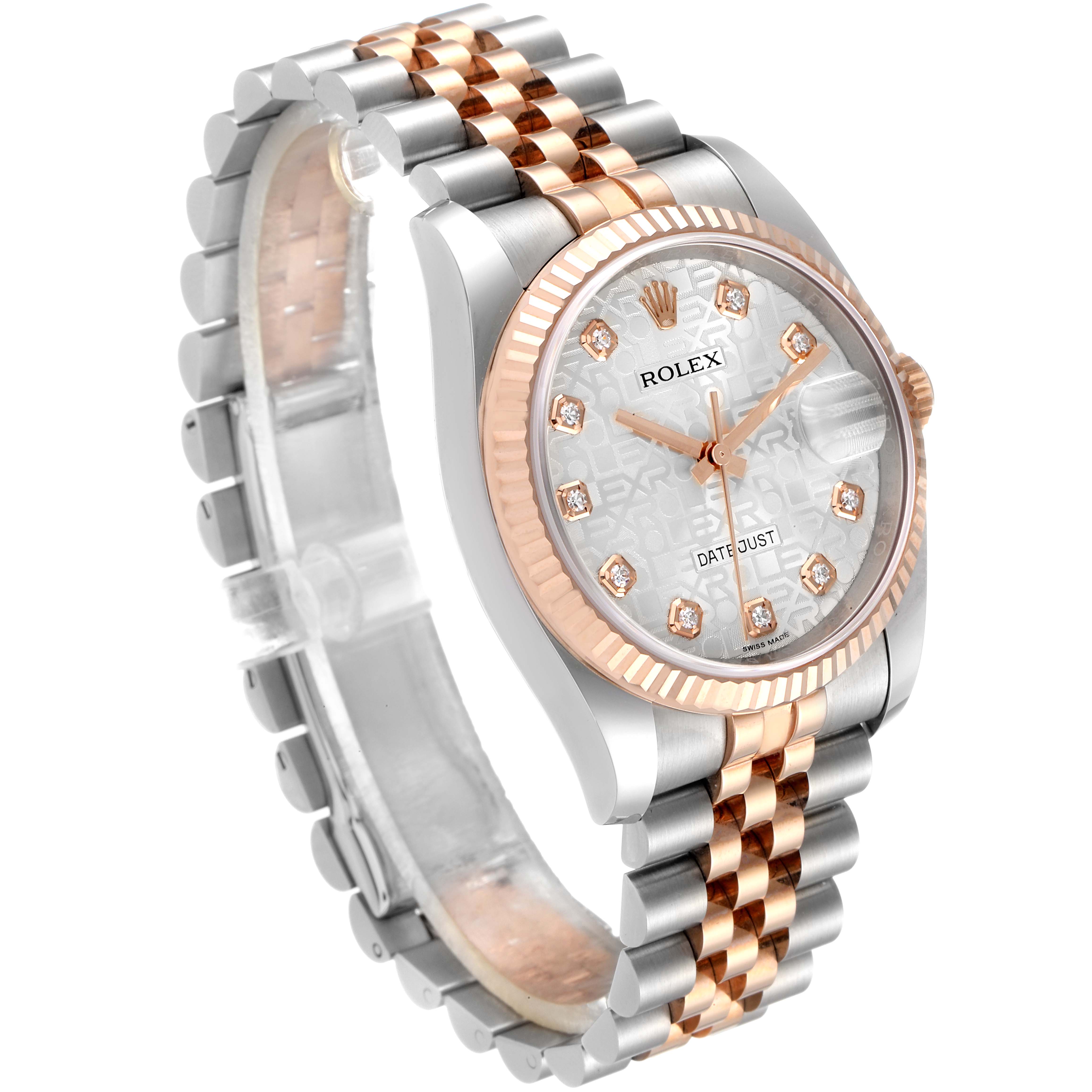 The image shows a Rolex Datejust 116231 Men's Steel and Gold (two tone) Silver Dial 116231 Men's Steel and Gold (two tone) Silver Dial watch at a three-quarter angle, highlighting its two-tone bracelet, fluted bezel, and diamond hour markers.