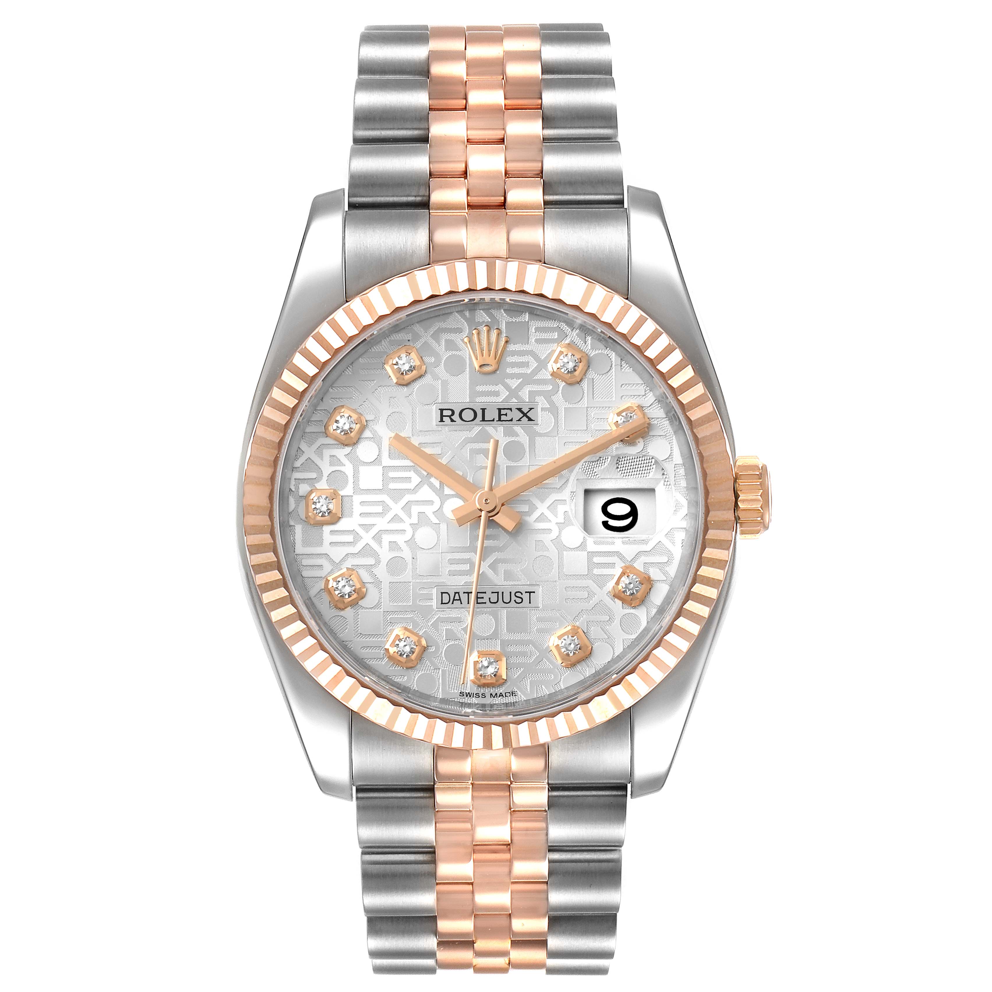 The image shows a front view of a Rolex Datejust 116231 Men's Steel and Gold (two tone) Silver Dial 116231 Men's Steel and Gold (two tone) Silver Dial watch highlighting its face, dial, and two-tone bracelet.
