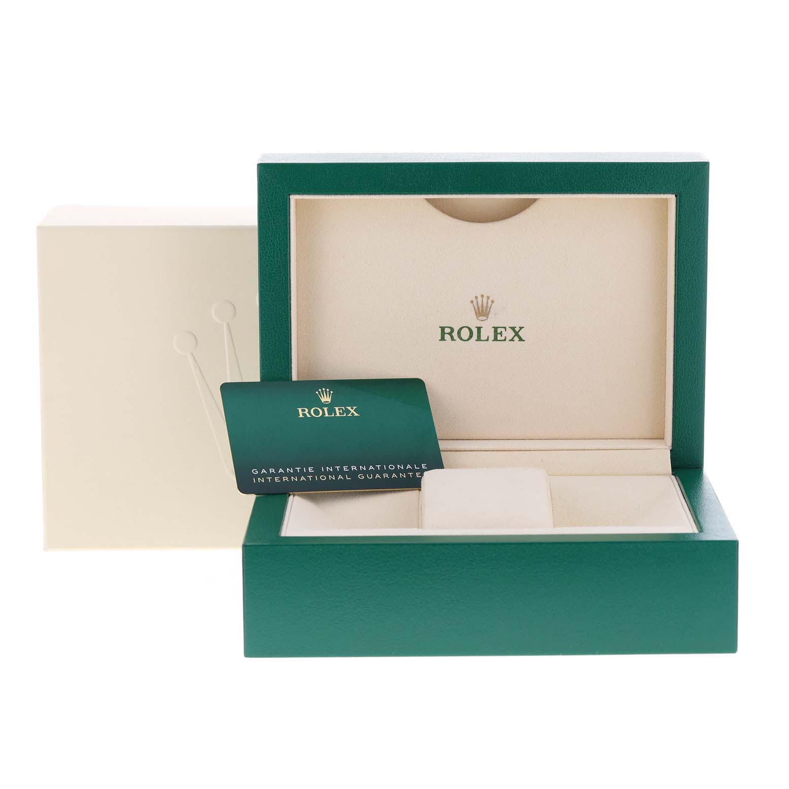 The image shows the open packaging and international warranty card for the Rolex Datejust 116231 Men's Steel and Gold (two tone) Silver Dial 116231 Men's Steel and Gold (two tone) Silver Dial model.