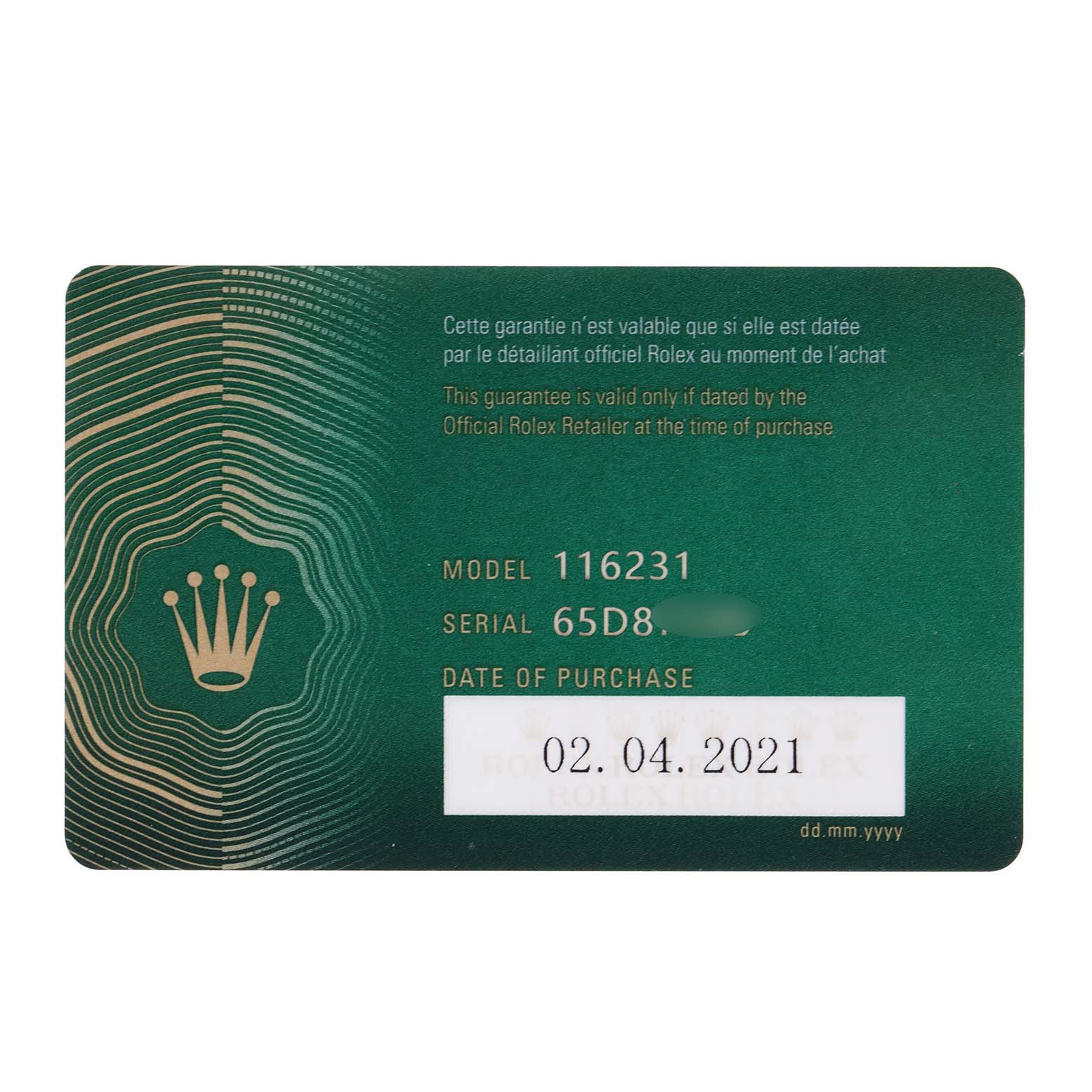 The image shows a certification card for the Rolex Datejust 116231 Men's Steel and Gold (two tone) Silver Dial 116231 Men's Steel and Gold (two tone) Silver Dial model, with model number 116231 and purchase date of 02.04.2021.