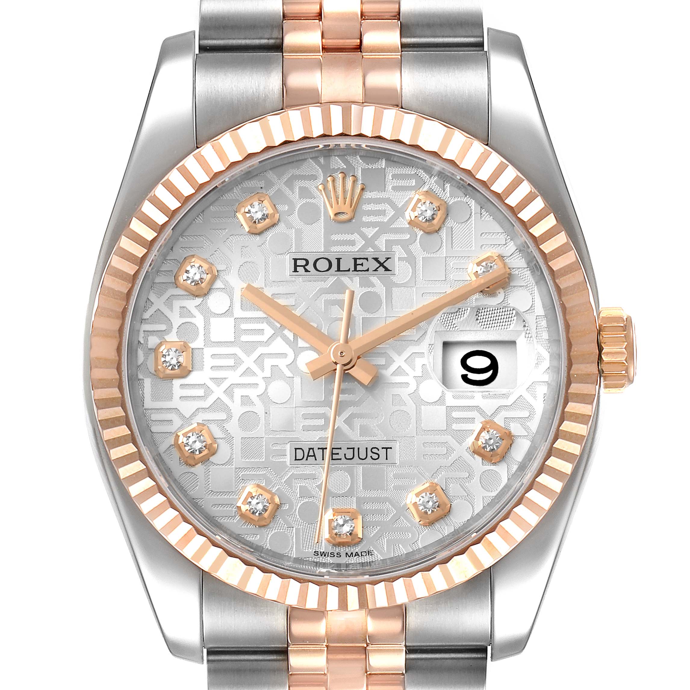 This image shows the face and part of the band of a Rolex Datejust 116231 Men's Steel and Gold (two tone) Silver Dial 116231 Men's Steel and Gold (two tone) Silver Dial watch, highlighting its dial, markers, crown, and bezel.