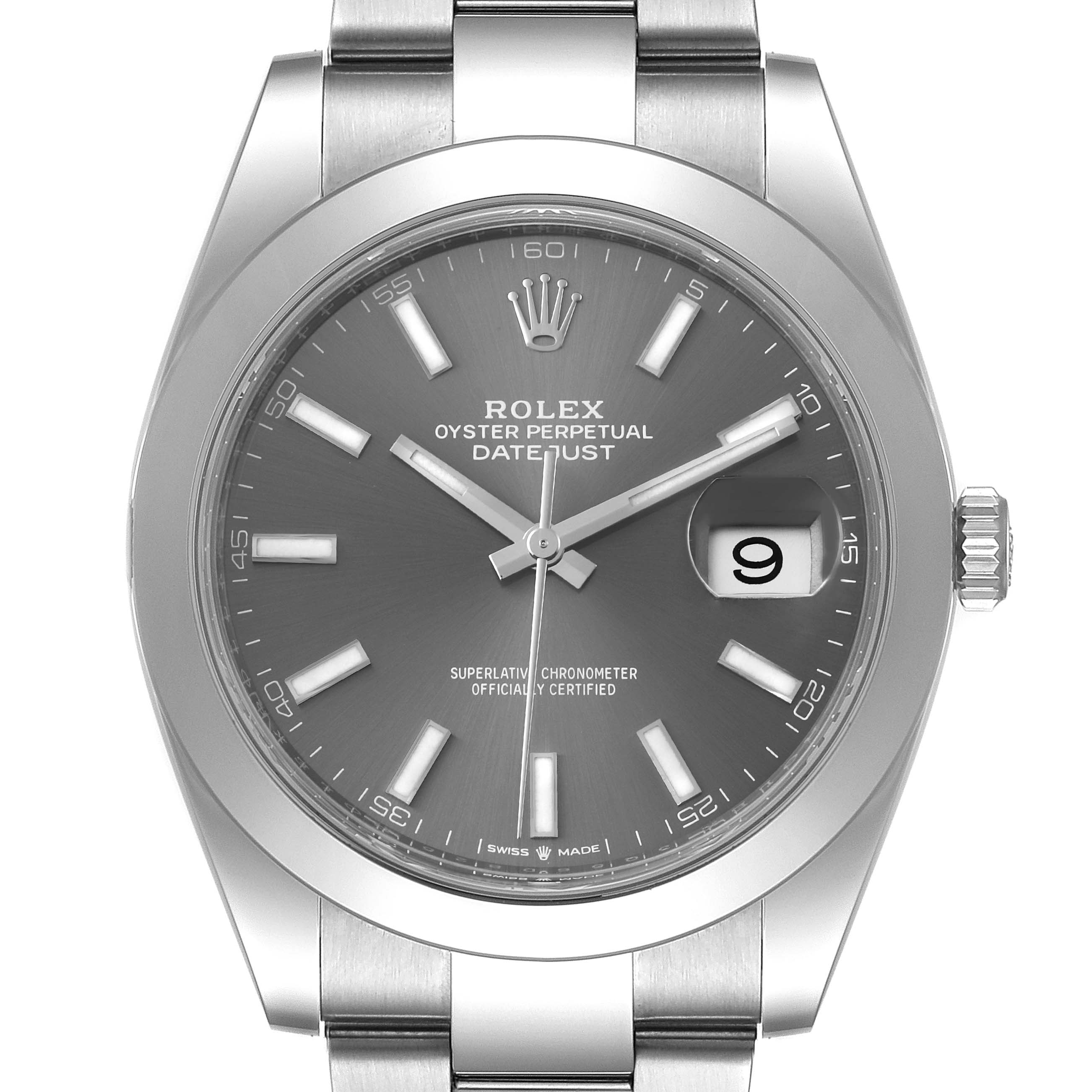 The image shows a front view of the Rolex Datejust 41 126300 Men
s Stainless Steel Grey Dial 126300 Men
s Stainless Steel Grey Dial, highlighting its dial, bezel, hands, and bracelet.