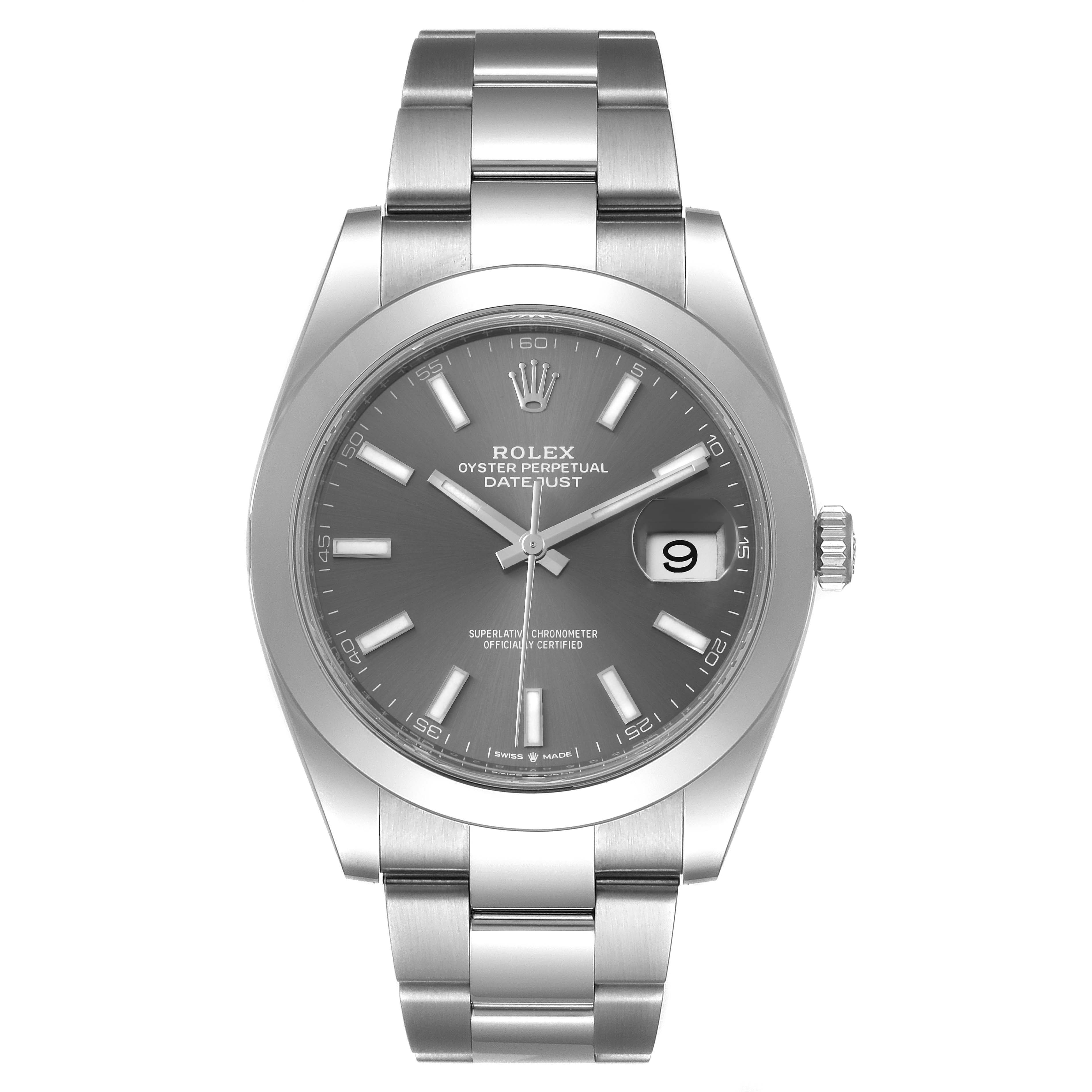 The image shows a front view of the Rolex Datejust 41 126300 Men
s Stainless Steel Grey Dial 126300 Men
s Stainless Steel Grey Dial watch, displaying its face, bezel, and bracelet.