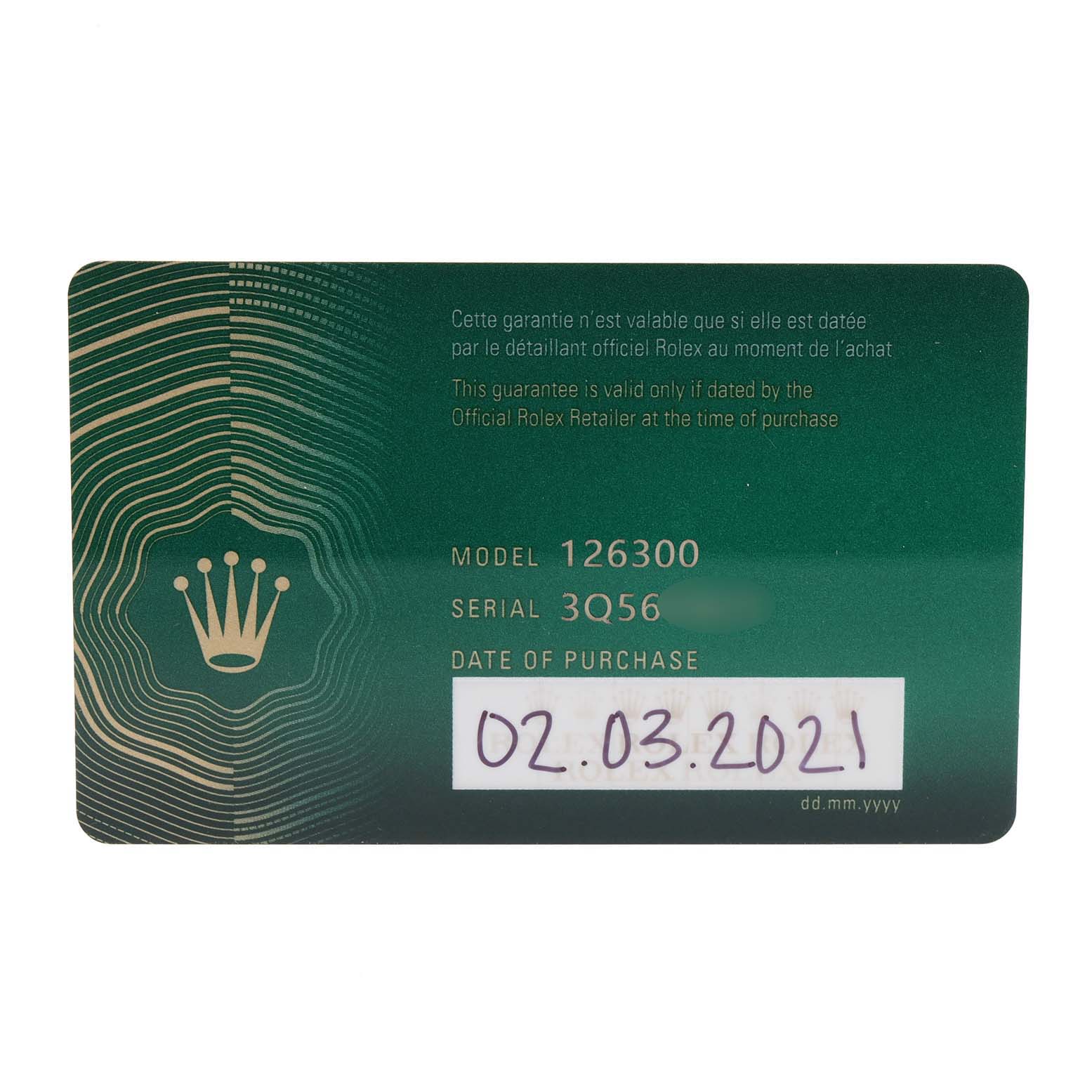 This image shows the warranty card of the Rolex Datejust 41 126300 Men
s Stainless Steel Grey Dial 126300 Men
s Stainless Steel Grey Dial model, detailing the model number, serial number, and date of purchase.