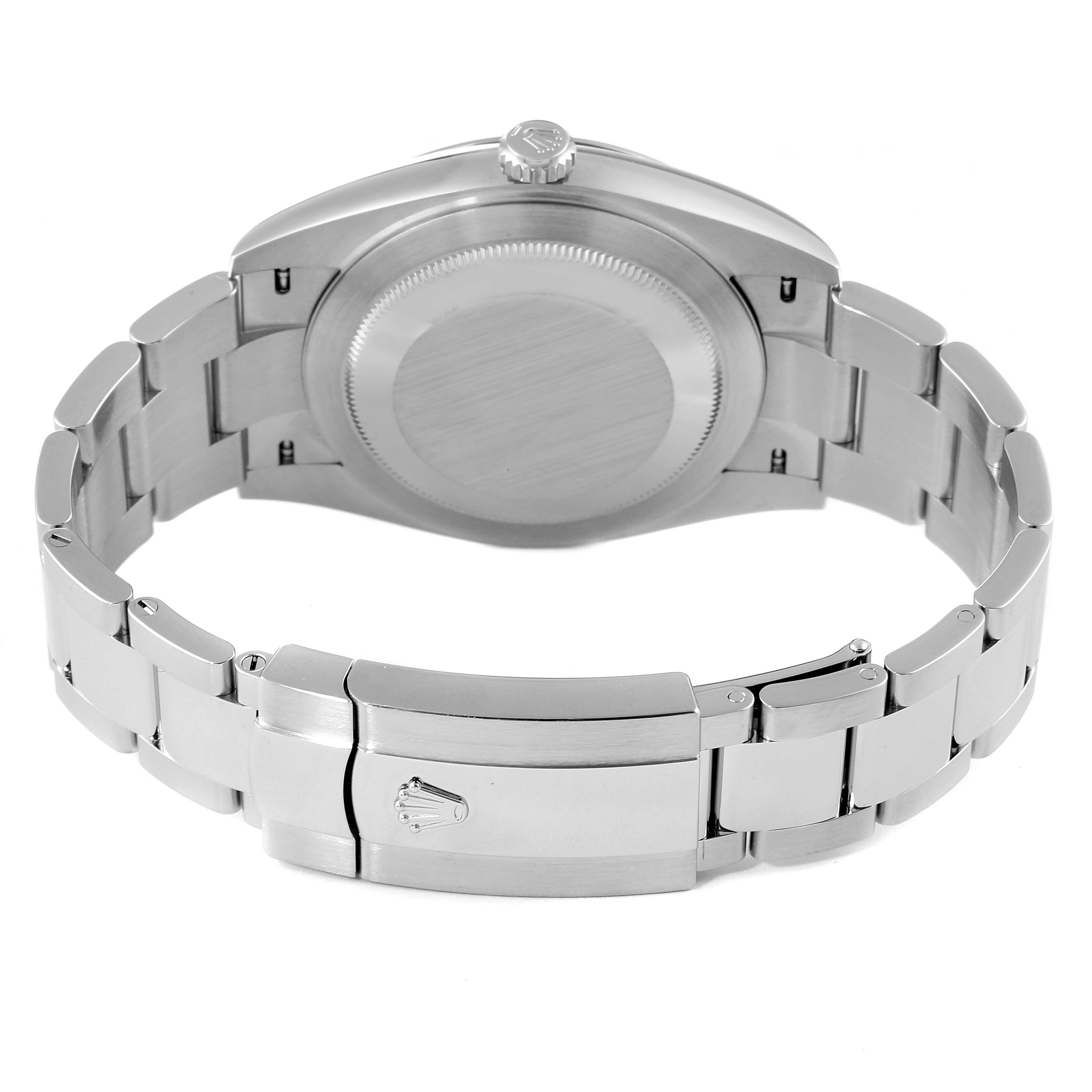 This image shows the back view of a Rolex Datejust 41 126300 Men
s Stainless Steel Grey Dial 126300 Men
s Stainless Steel Grey Dial, highlighting its closed clasp and case back.