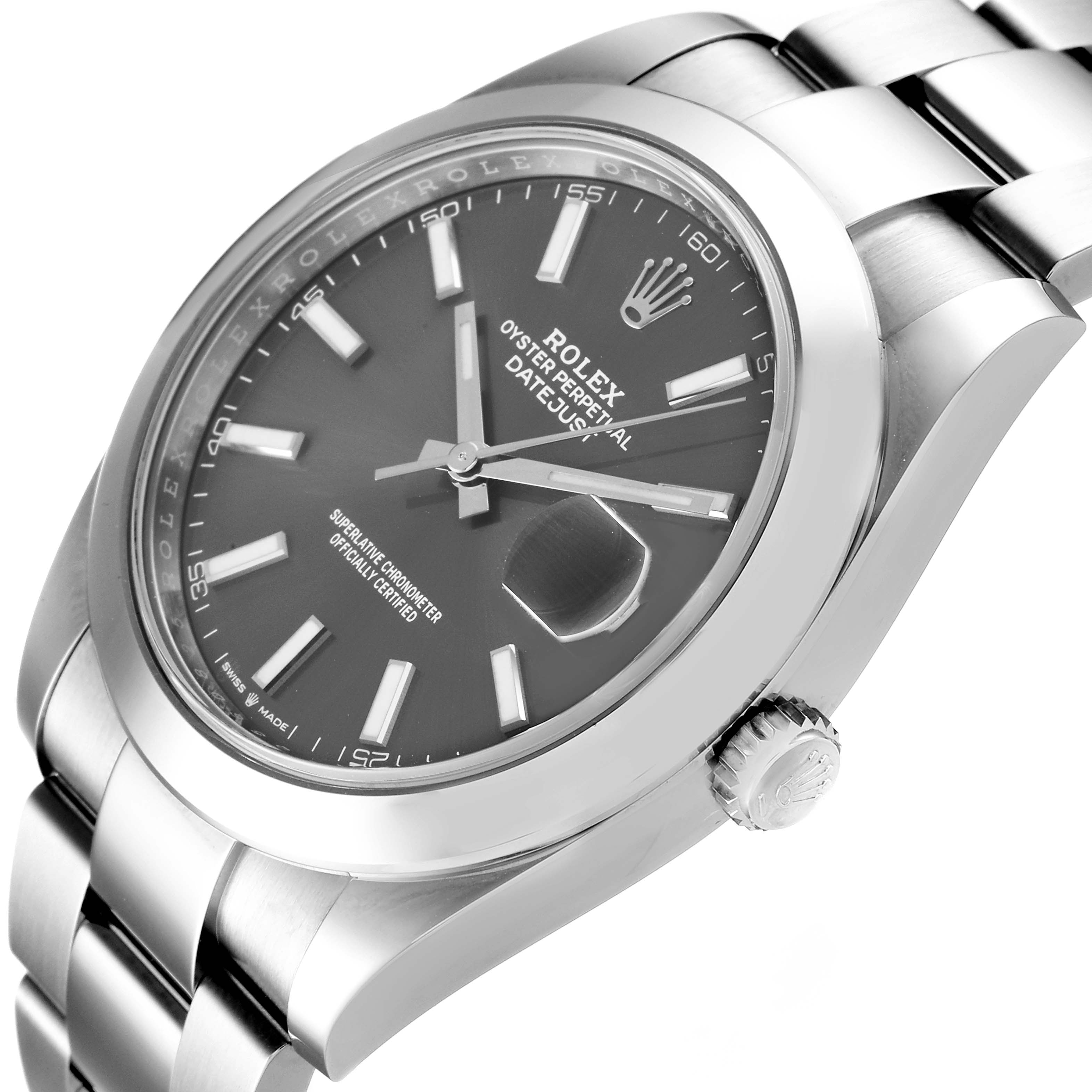 The Rolex Datejust 41 126300 Men
s Stainless Steel Grey Dial 126300 Men
s Stainless Steel Grey Dial is shown at an angle highlighting the dial, bracelet, case, and crown.