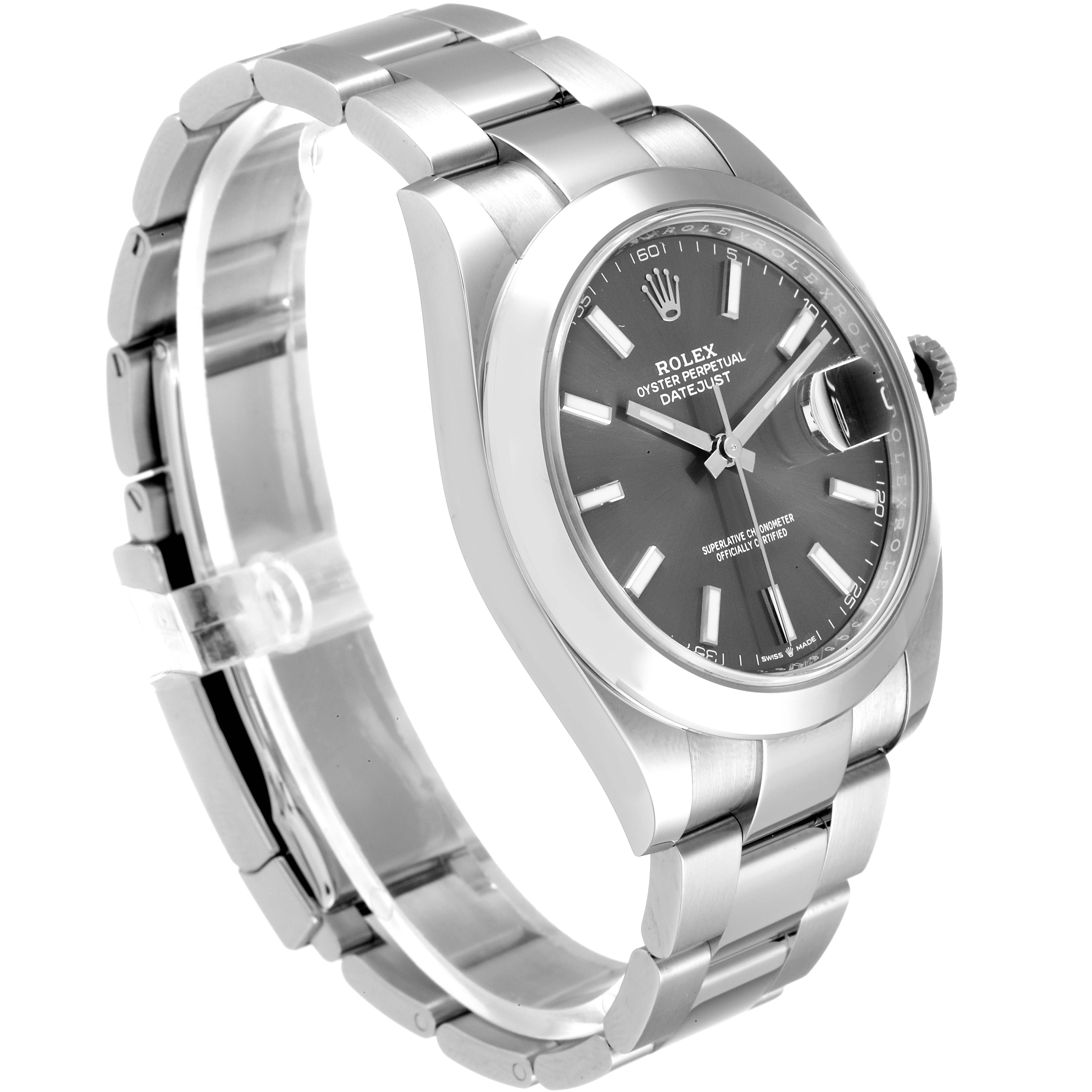 The Rolex Datejust 41 126300 Men
s Stainless Steel Grey Dial 126300 Men
s Stainless Steel Grey Dial is shown at a three-quarter angle, highlighting the dial, bezel, case, and bracelet.