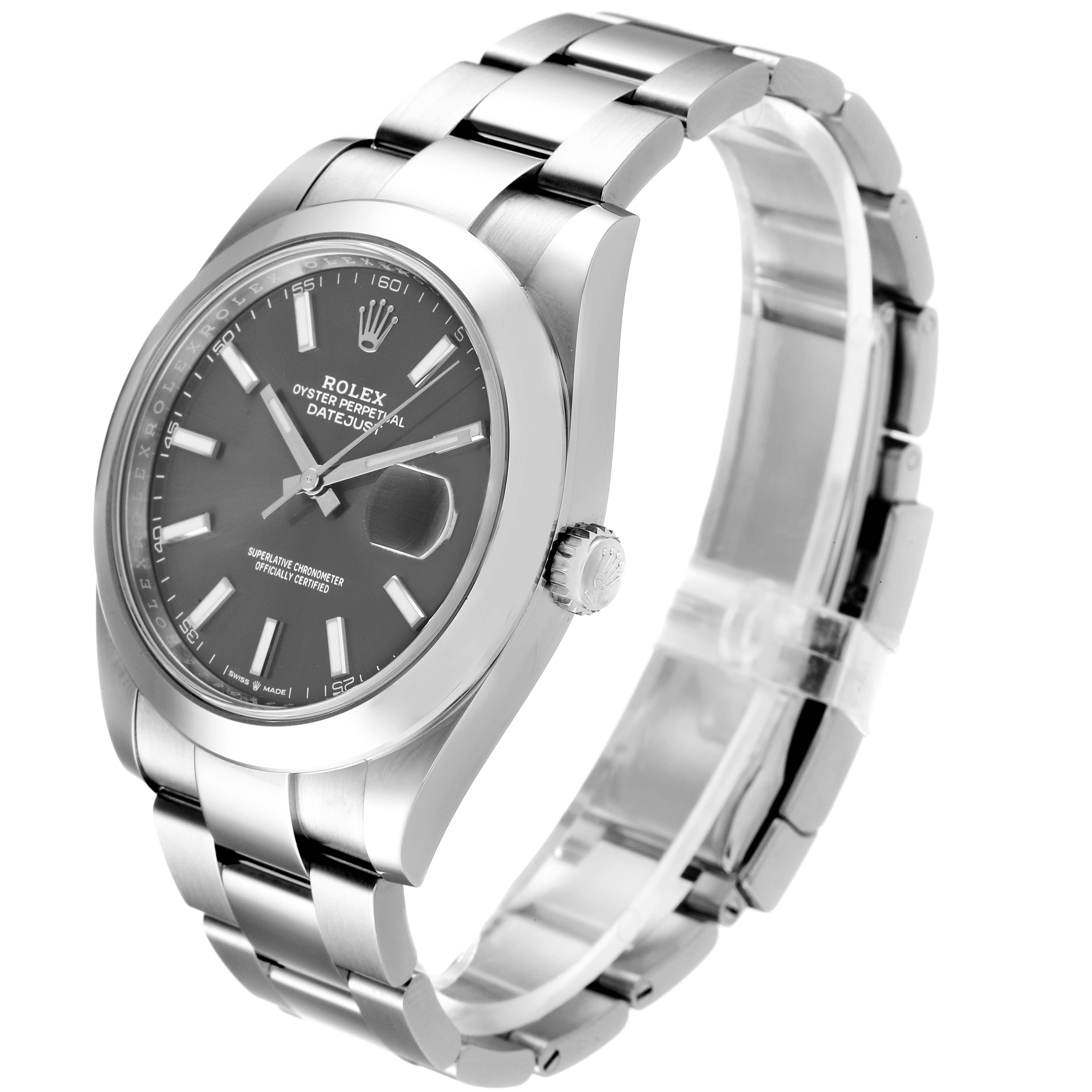 This image shows a Rolex Datejust 41 126300 Men
s Stainless Steel Grey Dial 126300 Men
s Stainless Steel Grey Dial watch from a three-quarter angle, highlighting the dial, bezel, and bracelet.