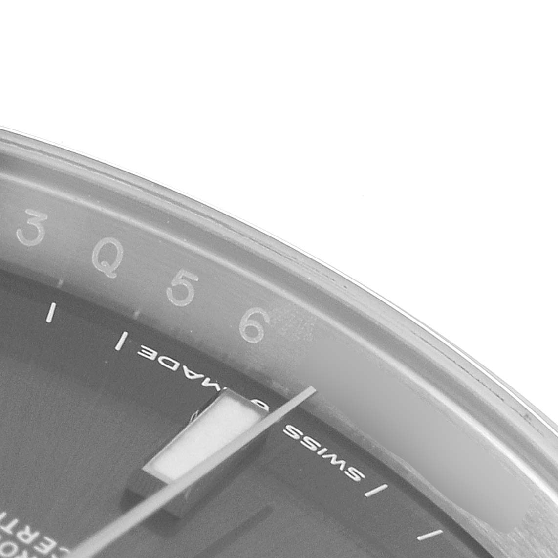 This image shows a close-up angle of the dial and hands of the Rolex Datejust 41 126300 Men
s Stainless Steel Grey Dial 126300 Men
s Stainless Steel Grey Dial watch.