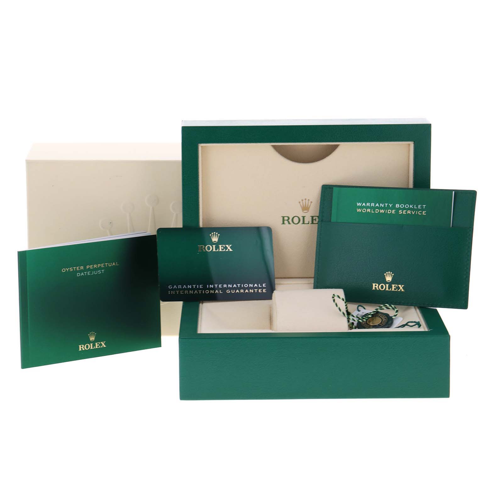 The image shows packaging, booklets, an international guarantee card, and a hang tag for the Rolex Datejust 41 126300 Men
s Stainless Steel Grey Dial 126300 Men
s Stainless Steel Grey Dial model.