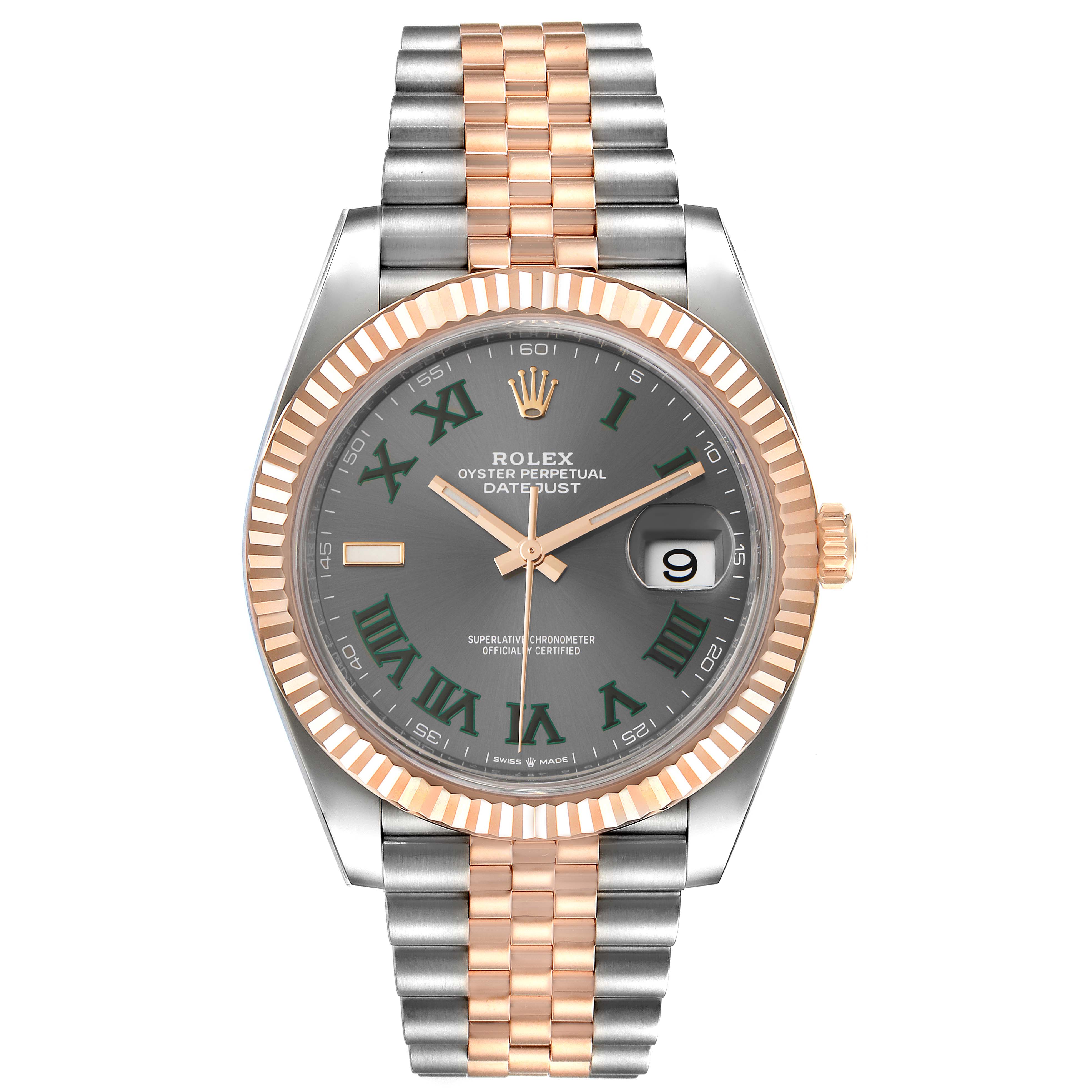 This image shows the front view of a Rolex Datejust 41 126331 Men's Steel and Gold (two tone) Grey Dial 126331 Men's Steel and Gold (two tone) Grey Dial watch, highlighting the dial, bezel, and two-tone bracelet.
