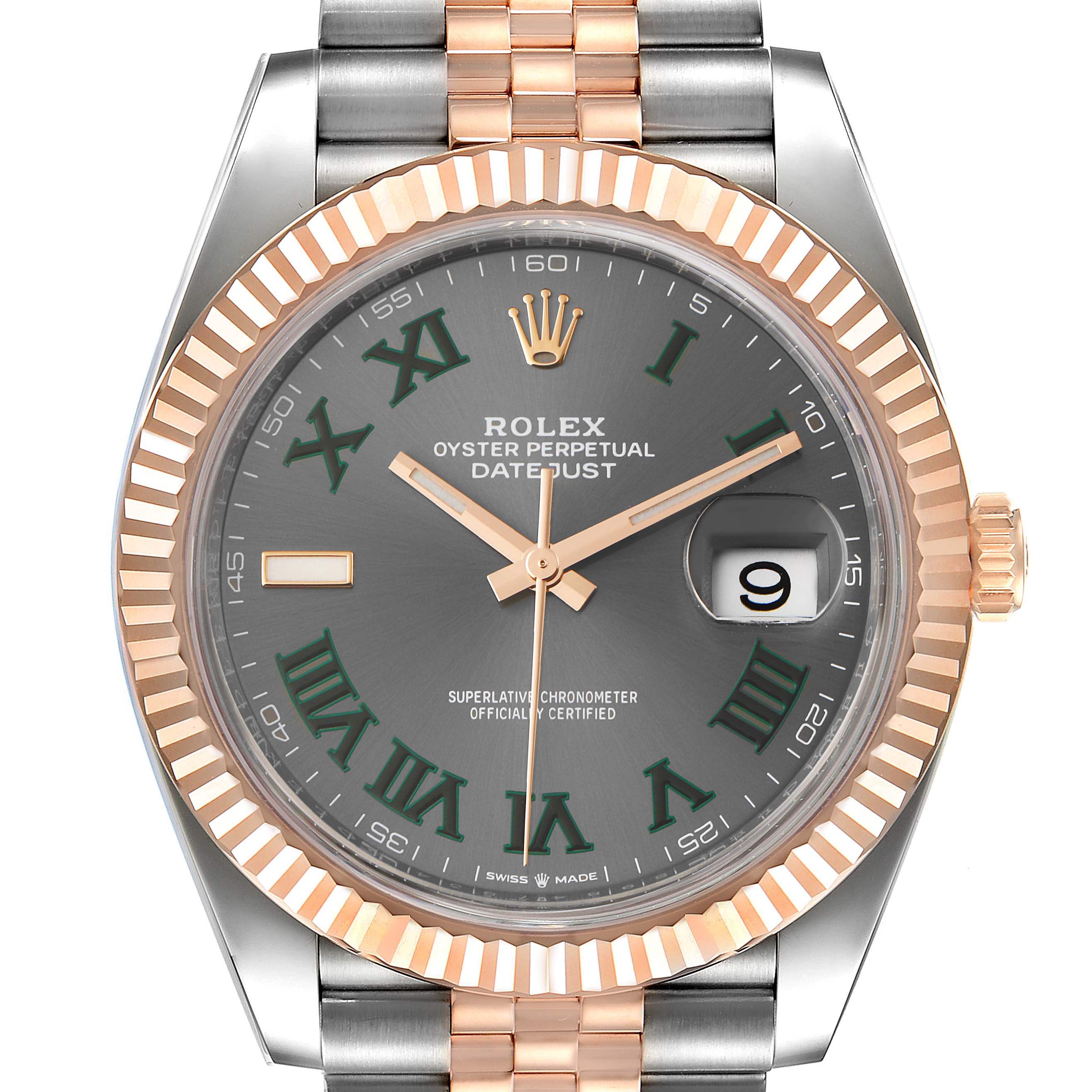 This image shows a frontal view of the Rolex Datejust 41 126331 Men's Steel and Gold (two tone) Grey Dial 126331 Men's Steel and Gold (two tone) Grey Dial watch, highlighting its dial, fluted bezel, and two-tone bracelet.