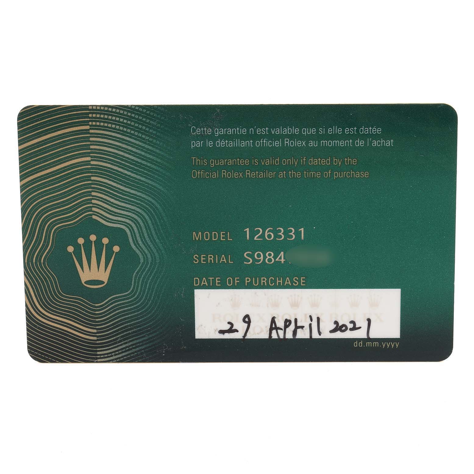 This image shows the warranty card for the Rolex Datejust 41 126331 Men's Steel and Gold (two tone) Grey Dial 126331 Men's Steel and Gold (two tone) Grey Dial model, detailing the model number, serial number, and date of purchase.