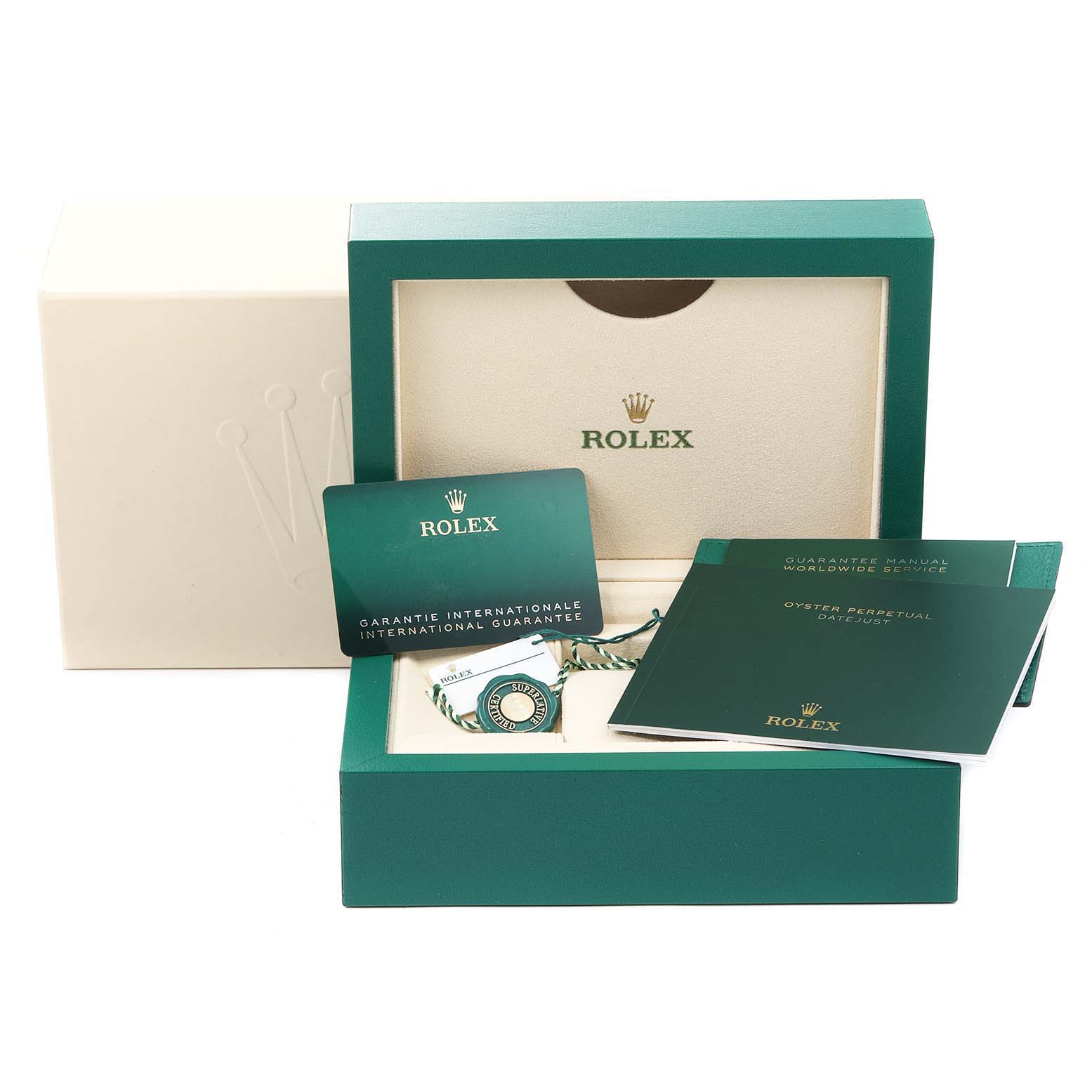 The image shows the packaging for a Rolex Datejust 41 126331 Men's Steel and Gold (two tone) Grey Dial 126331 Men's Steel and Gold (two tone) Grey Dial watch, including the box, guarantee card, manuals, and tag.