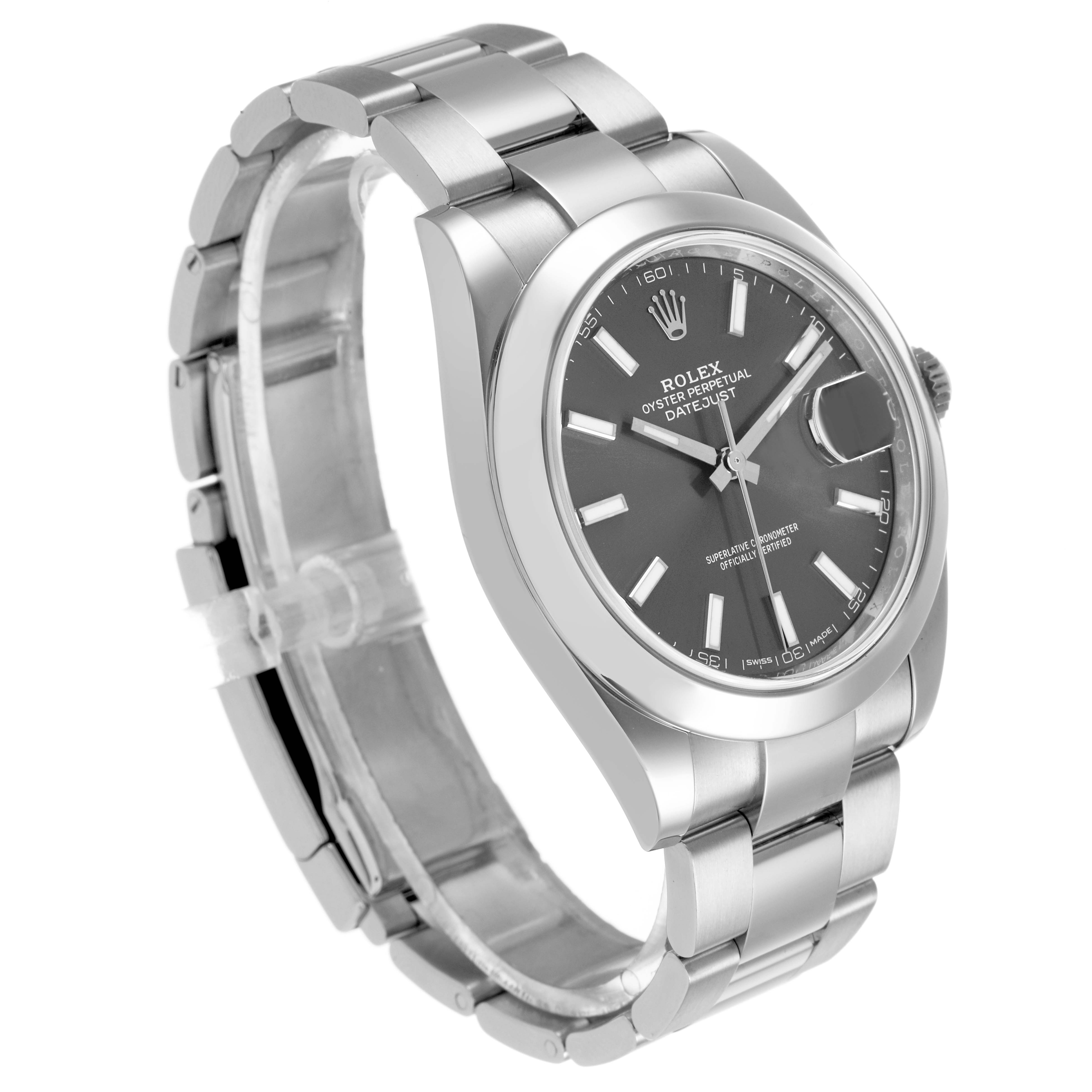 The Rolex Datejust 41 126300 Men's Stainless Steel Grey Dial is shown at a three-quarter angle, highlighting the bracelet, bezel, and dial with hour markers.