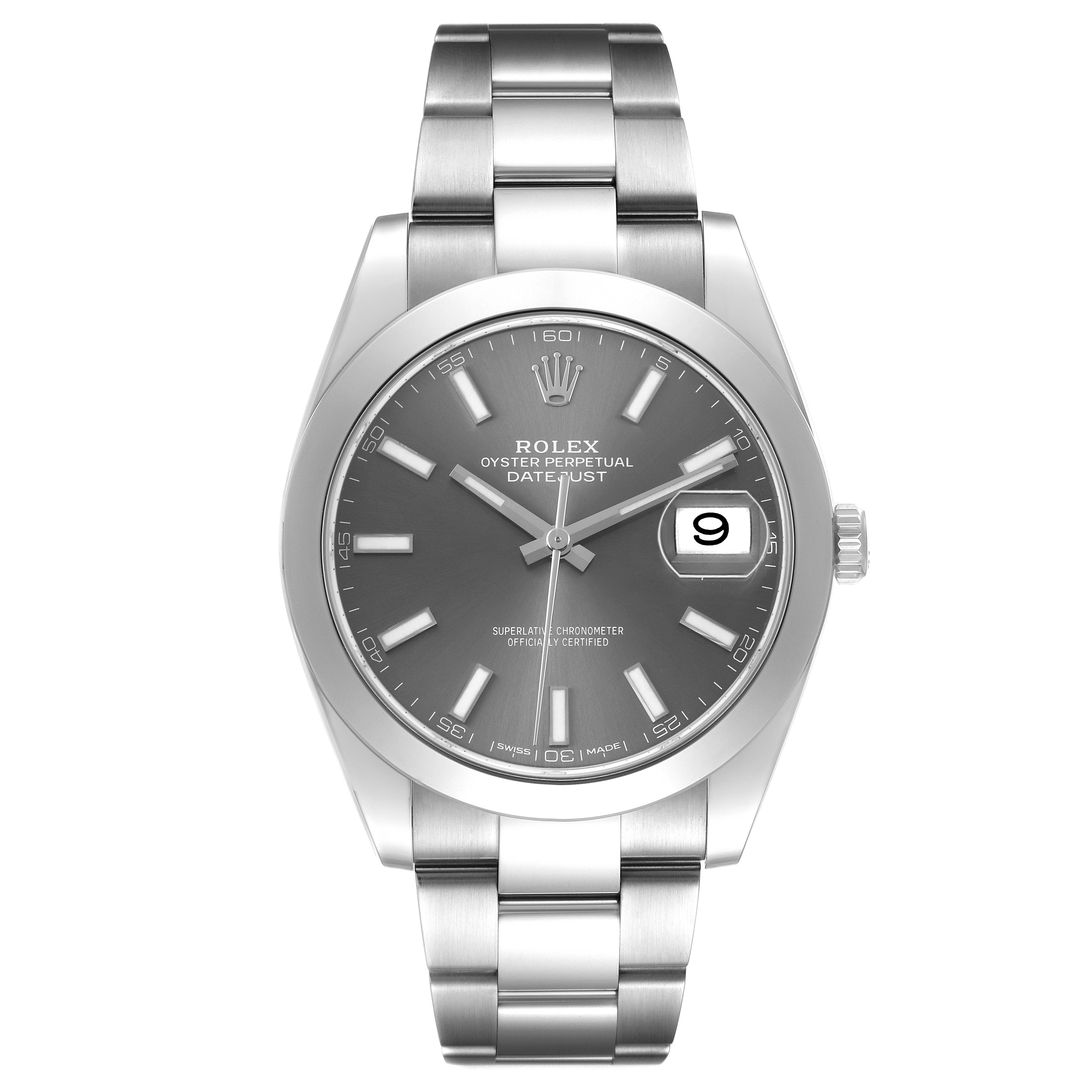 The Rolex Datejust 41 126300 Men's Stainless Steel Grey Dial is shown from a front angle, highlighting the dial, bezel, and bracelet.