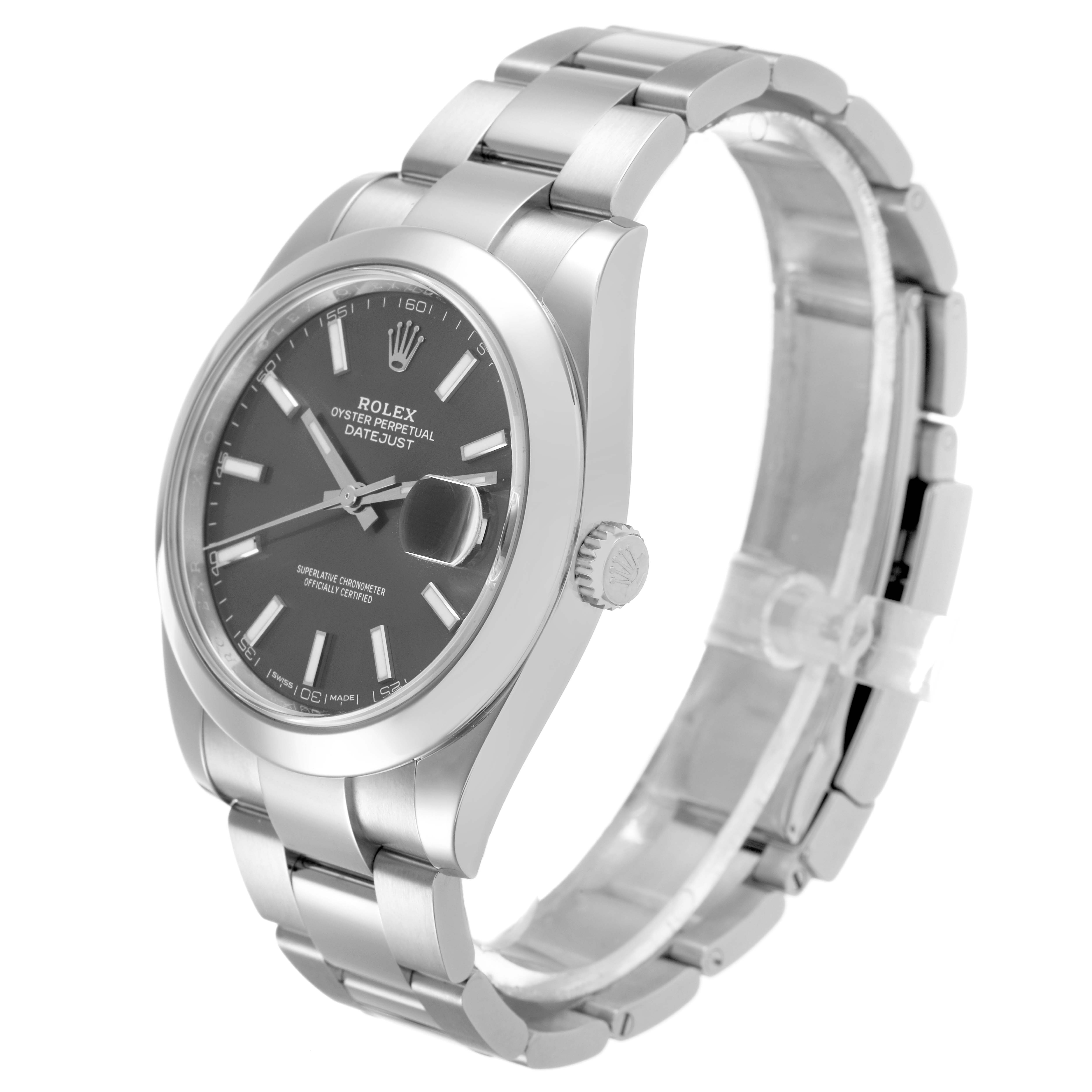 The Rolex Datejust 41 126300 Men's Stainless Steel Grey Dial is shown at a slight angle, displaying the face, bezel, and part of the bracelet.