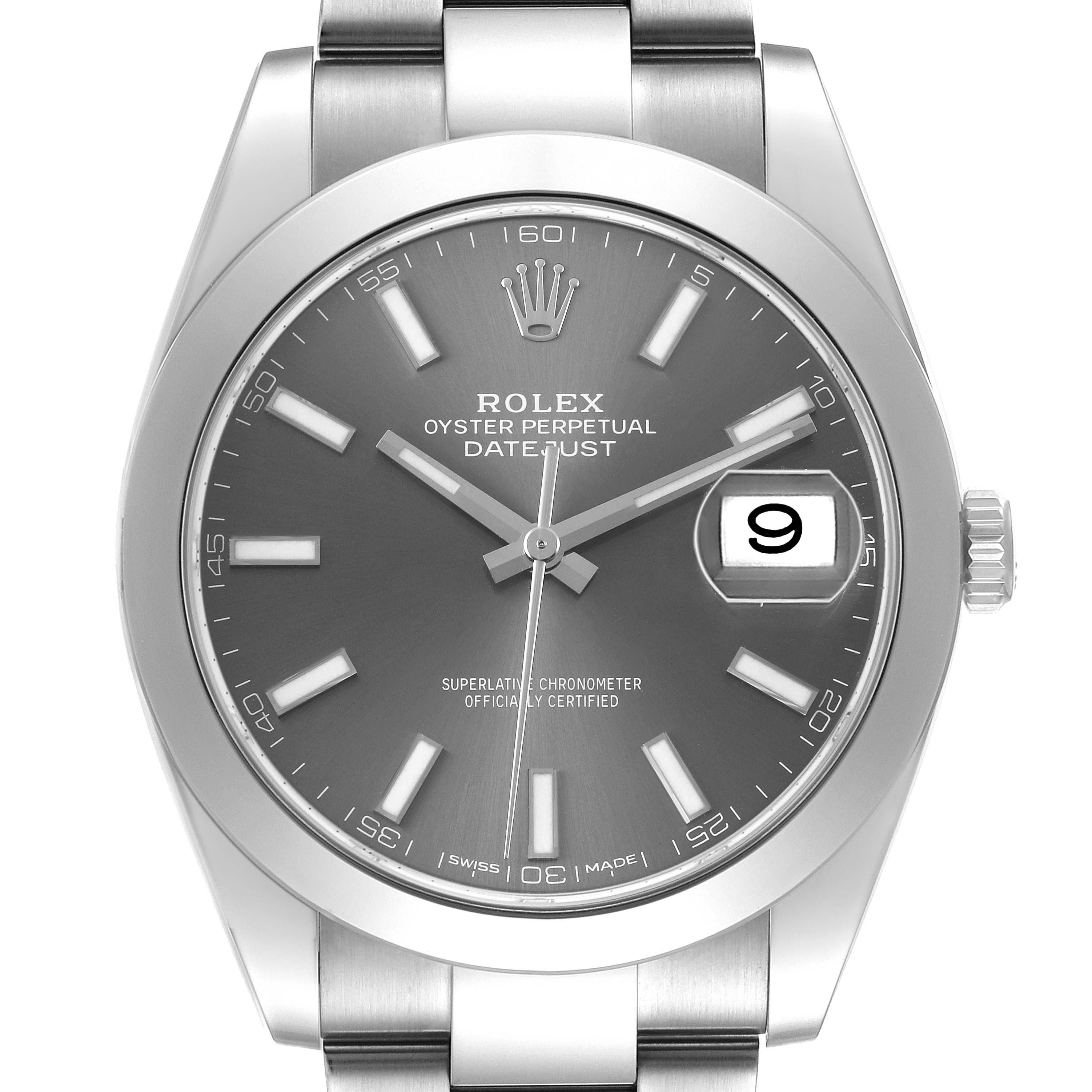 The Rolex Datejust 41 126300 Men's Stainless Steel Grey Dial watch is shown from a front angle, highlighting its dial, hands, date display, and part of the bracelet.