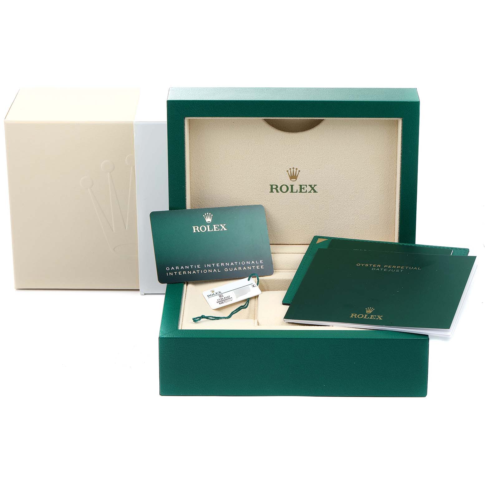 The image shows the box, warranty card, booklet, and tag for a Rolex Datejust 41 126300 Men
s Stainless Steel White Dial 126300 Men
s Stainless Steel White Dial watch.