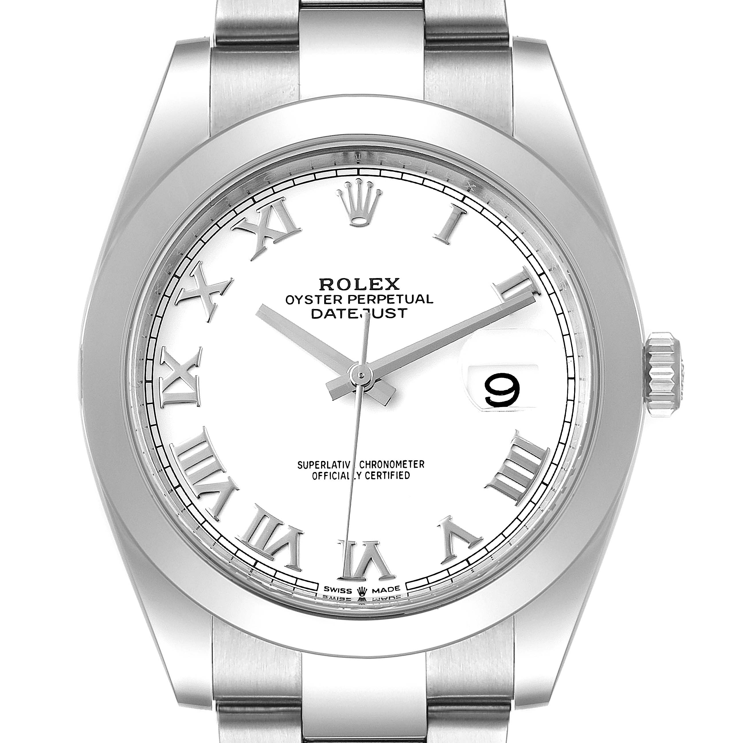 This image shows a front view of a Rolex Datejust 41 126300 Men
s Stainless Steel White Dial 126300 Men
s Stainless Steel White Dial, displaying its dial, hands, hour markers, date window, and bracelet.