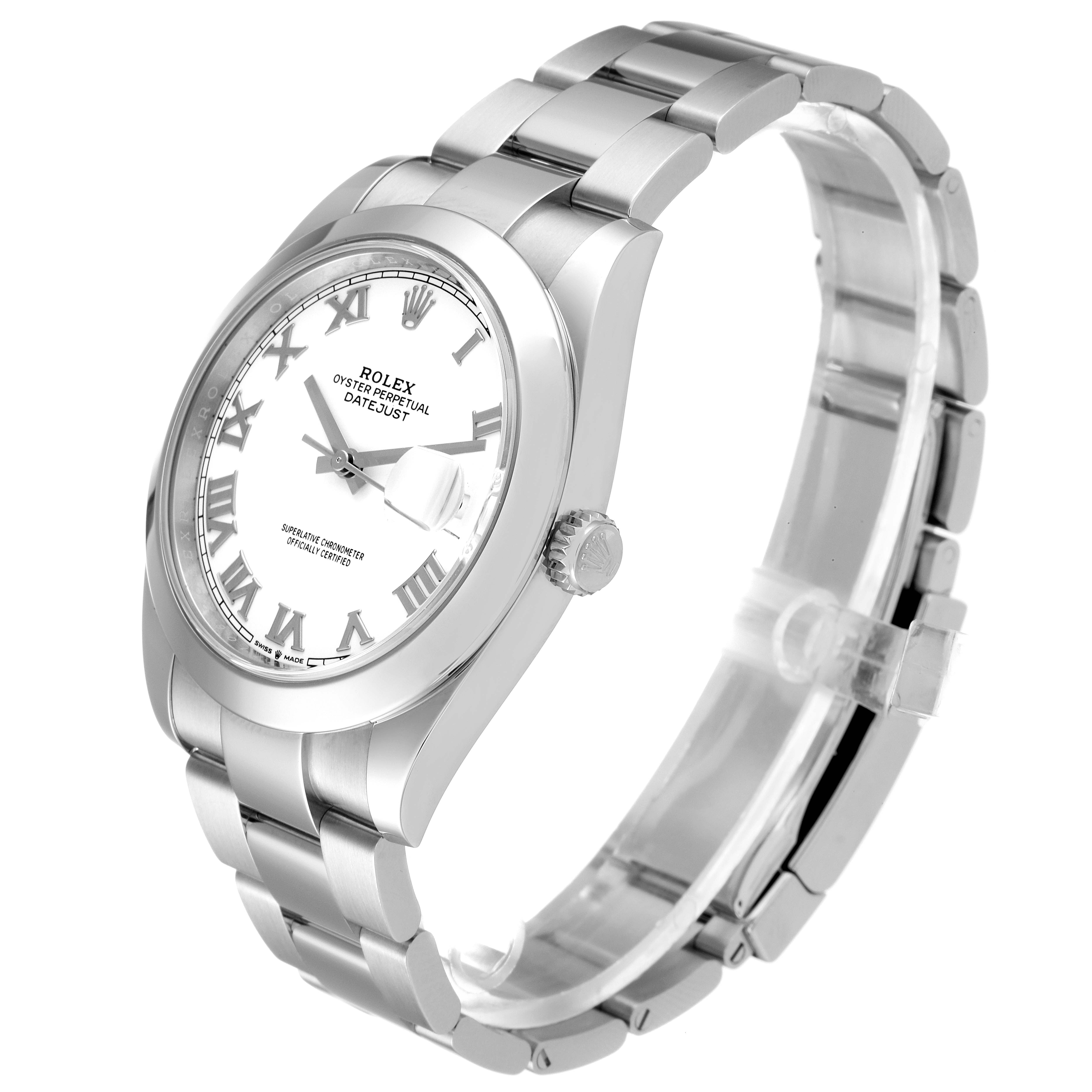 The image shows a Rolex Datejust 41 126300 Men
s Stainless Steel White Dial 126300 Men
s Stainless Steel White Dial watch at an angled side view, highlighting the face, bezel, crown, and bracelet.