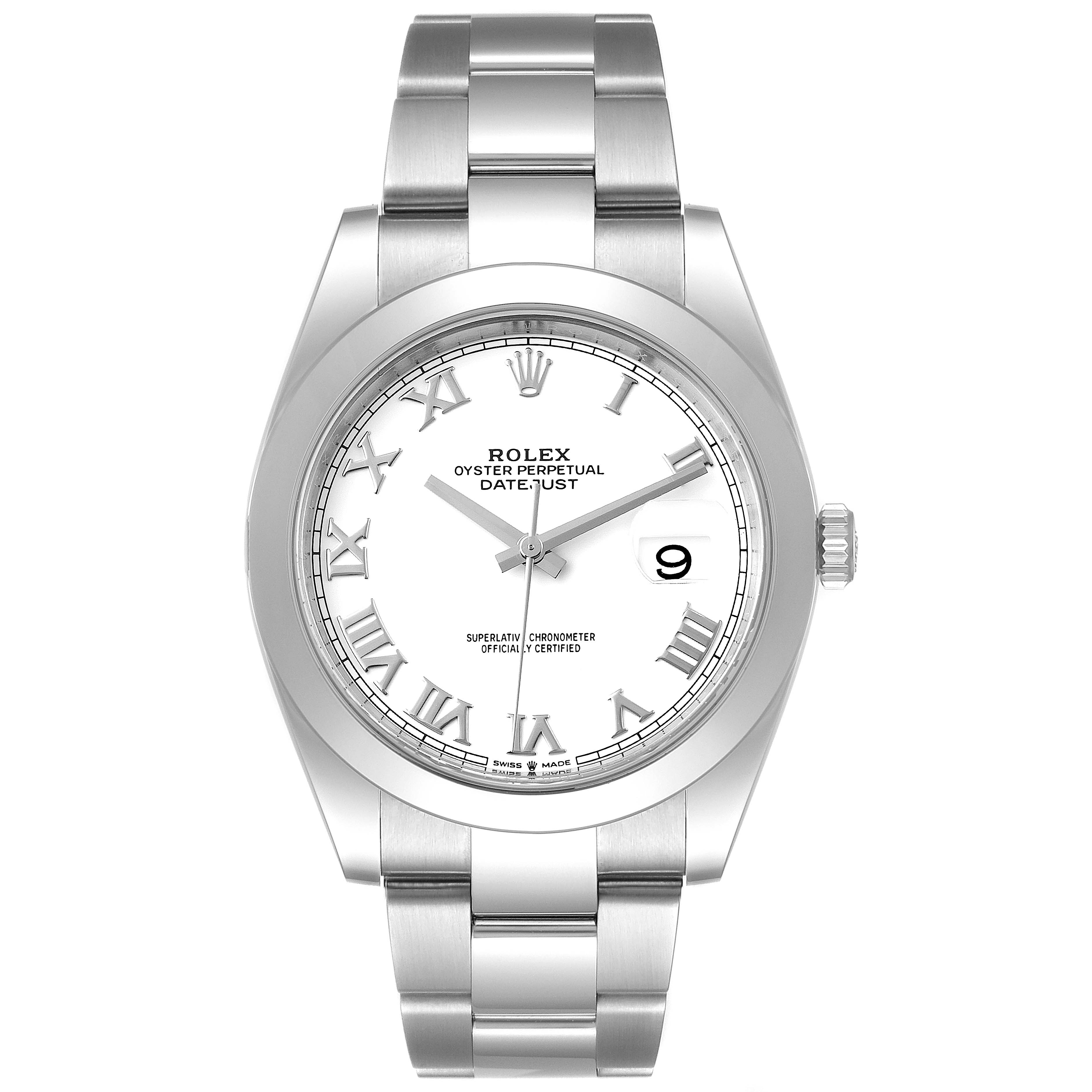 This image shows a Rolex Datejust 41 126300 Men
s Stainless Steel White Dial 126300 Men
s Stainless Steel White Dial model watch from a front angle, highlighting its white dial, Roman numerals, and stainless steel bracelet.