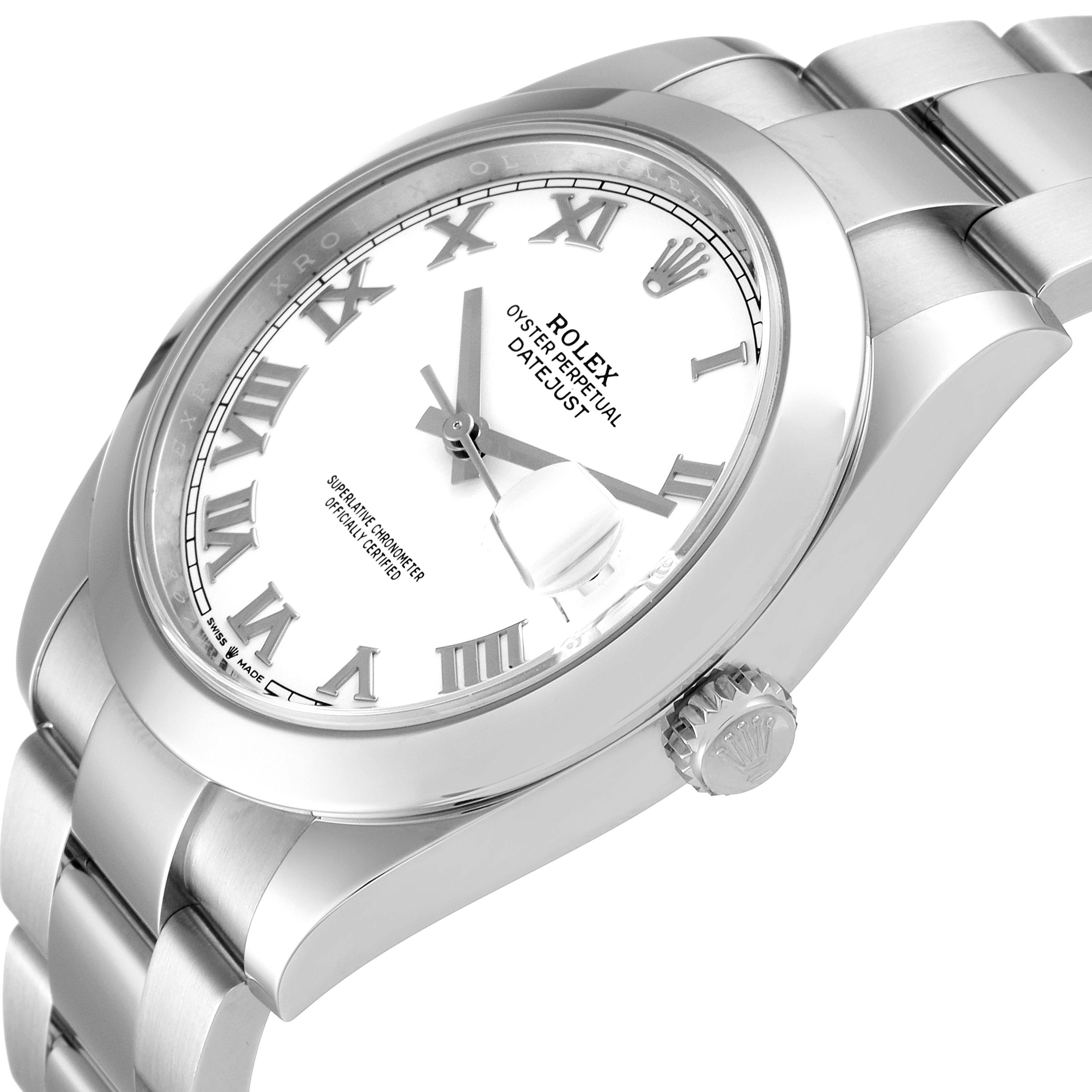 This Rolex Datejust 41 126300 Men
s Stainless Steel White Dial 126300 Men
s Stainless Steel White Dial watch is shown from a slightly angled side view, displaying the dial, case, bracelet, and crown.
