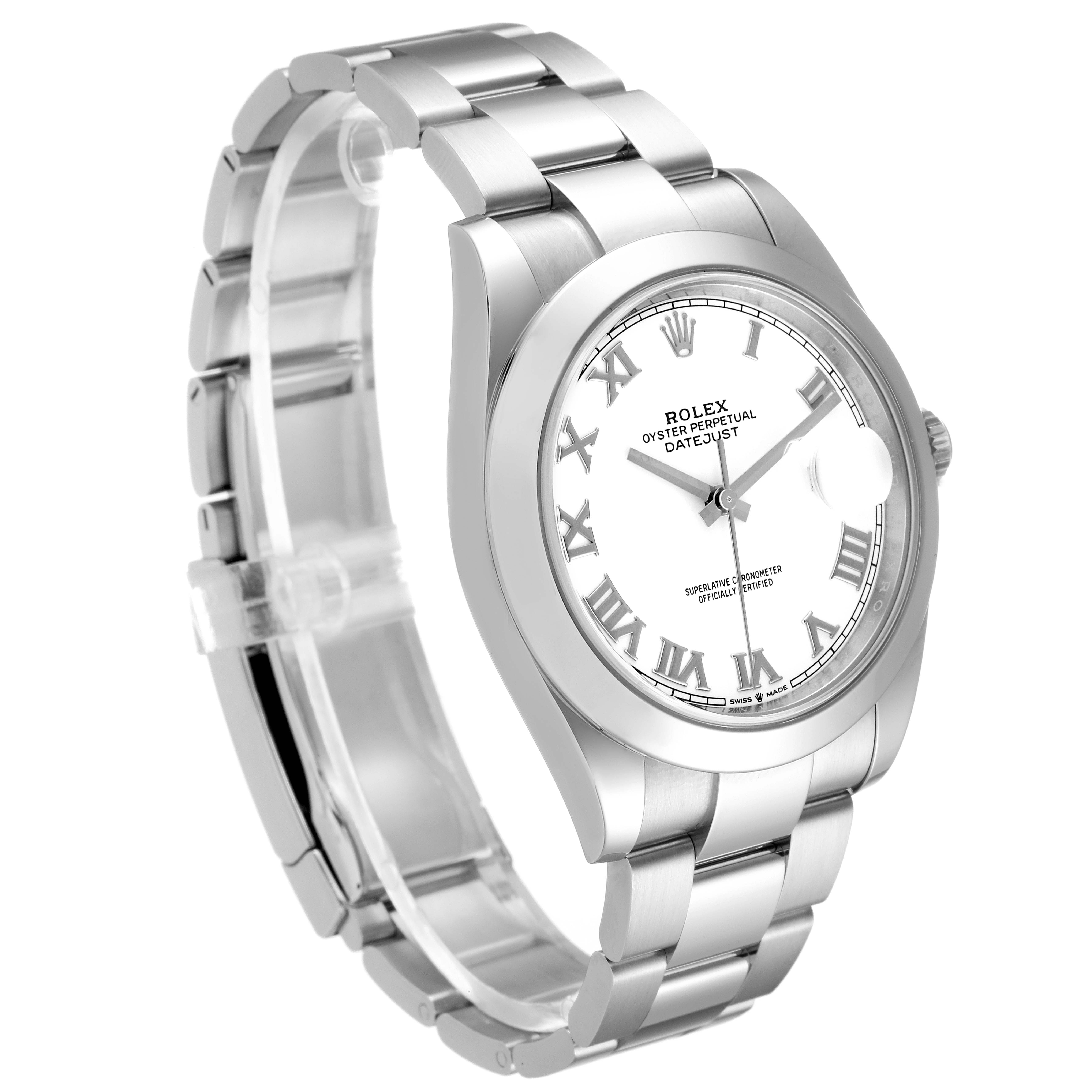 The Rolex Datejust 41 126300 Men
s Stainless Steel White Dial 126300 Men
s Stainless Steel White Dial watch is shown at a 3/4 angle, displaying its face, bracelet, and clasp mechanisms.