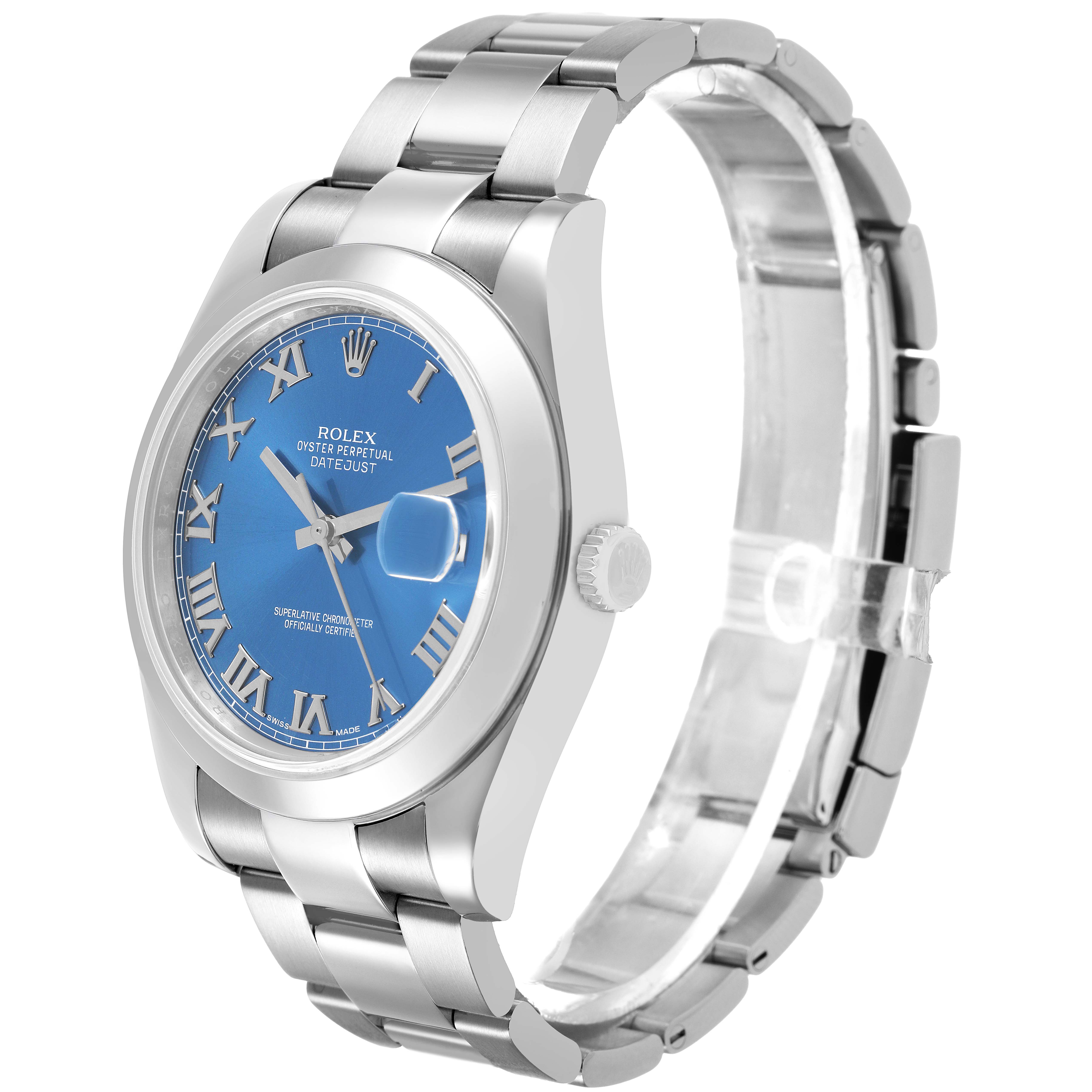 The Rolex Datejust 41 116300 Men's Stainless Steel Blue Dial is shown at a slight angle, displaying the face, bezel, bracelet, and crown.