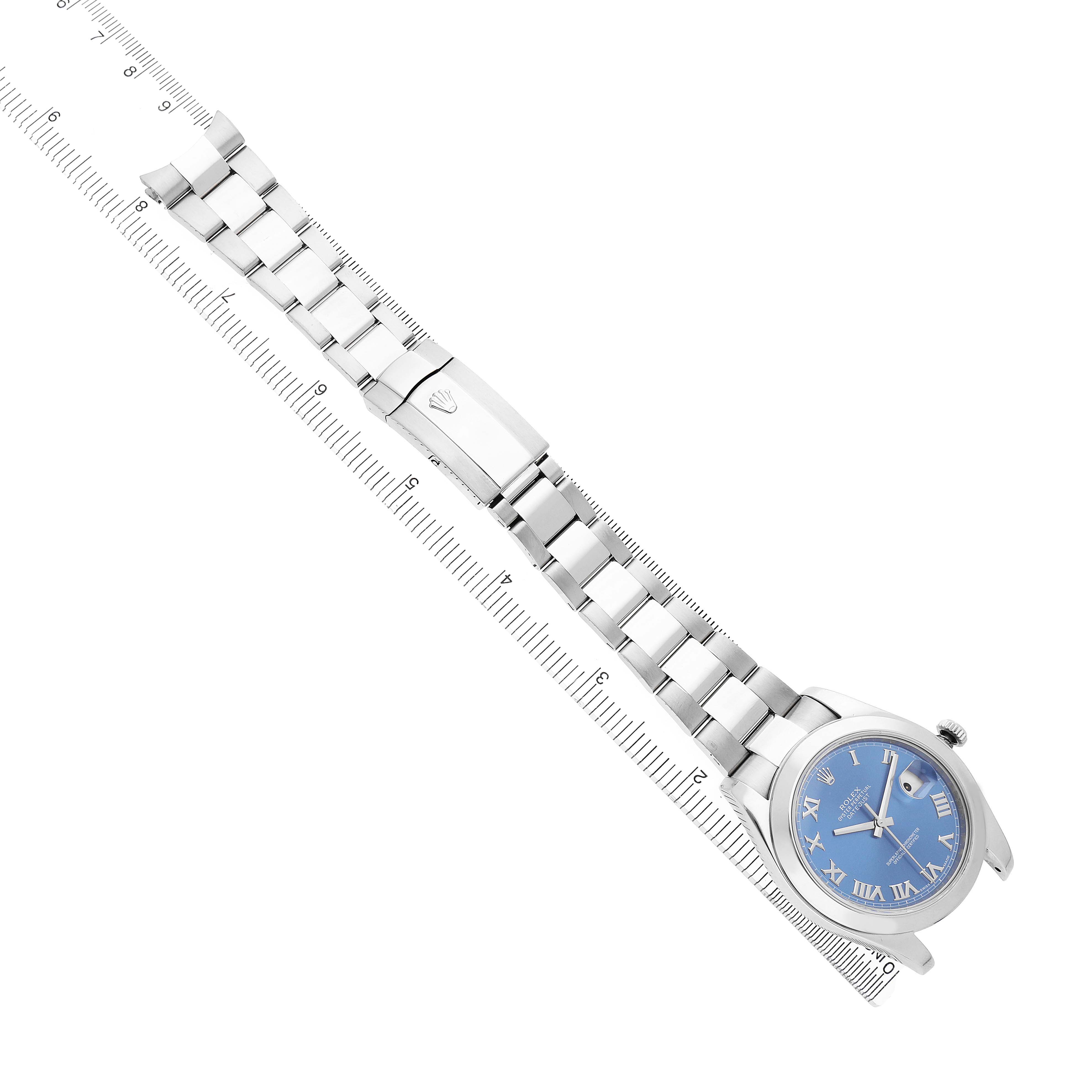 The Rolex Datejust 41 116300 Men's Stainless Steel Blue Dial watch displays its full length, showcasing the bracelet, clasp, and light blue dial face from a top-down angle.