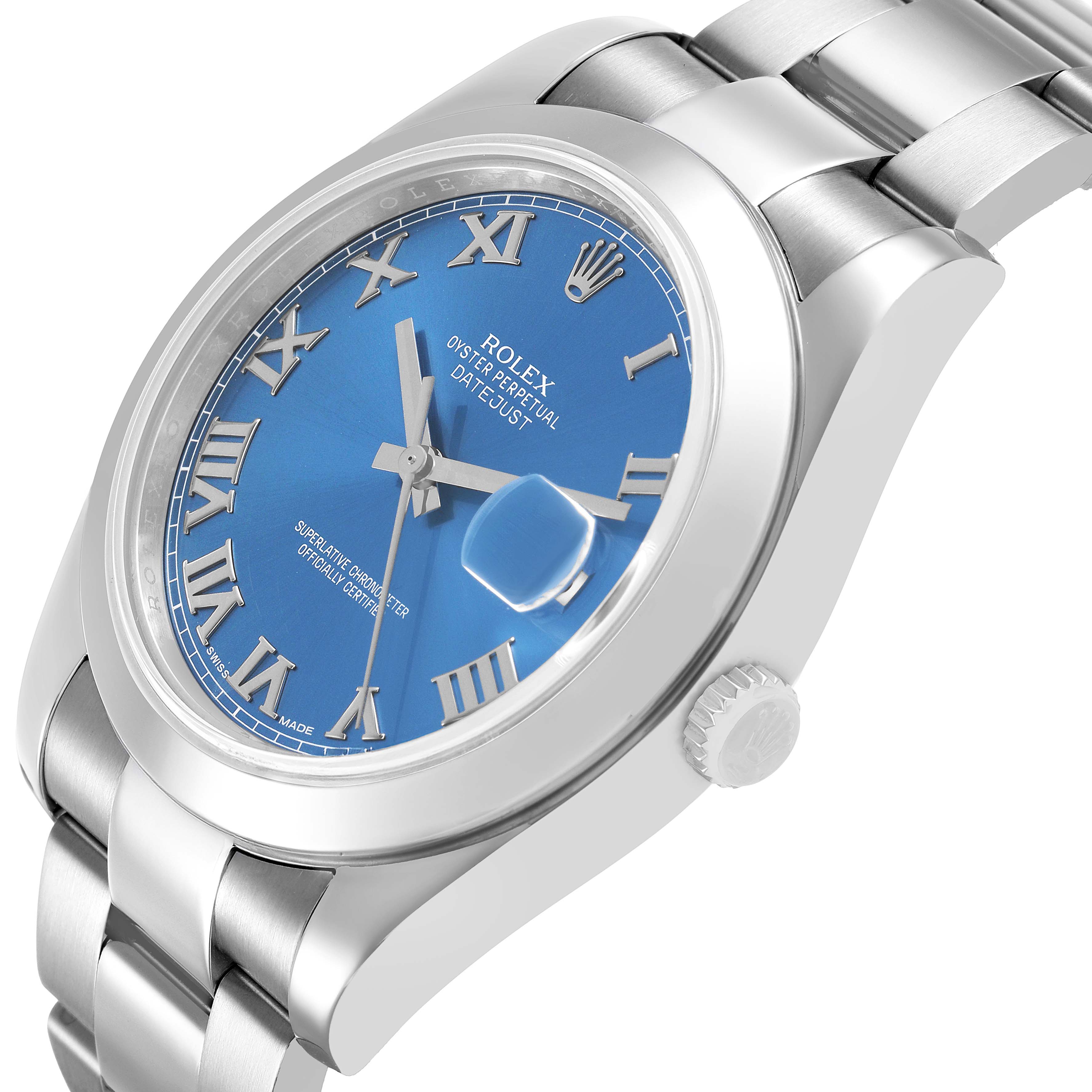 The Rolex Datejust 41 116300 Men's Stainless Steel Blue Dial is shown at an angled view, highlighting the blue dial, Roman numerals, bezel, and part of the bracelet.